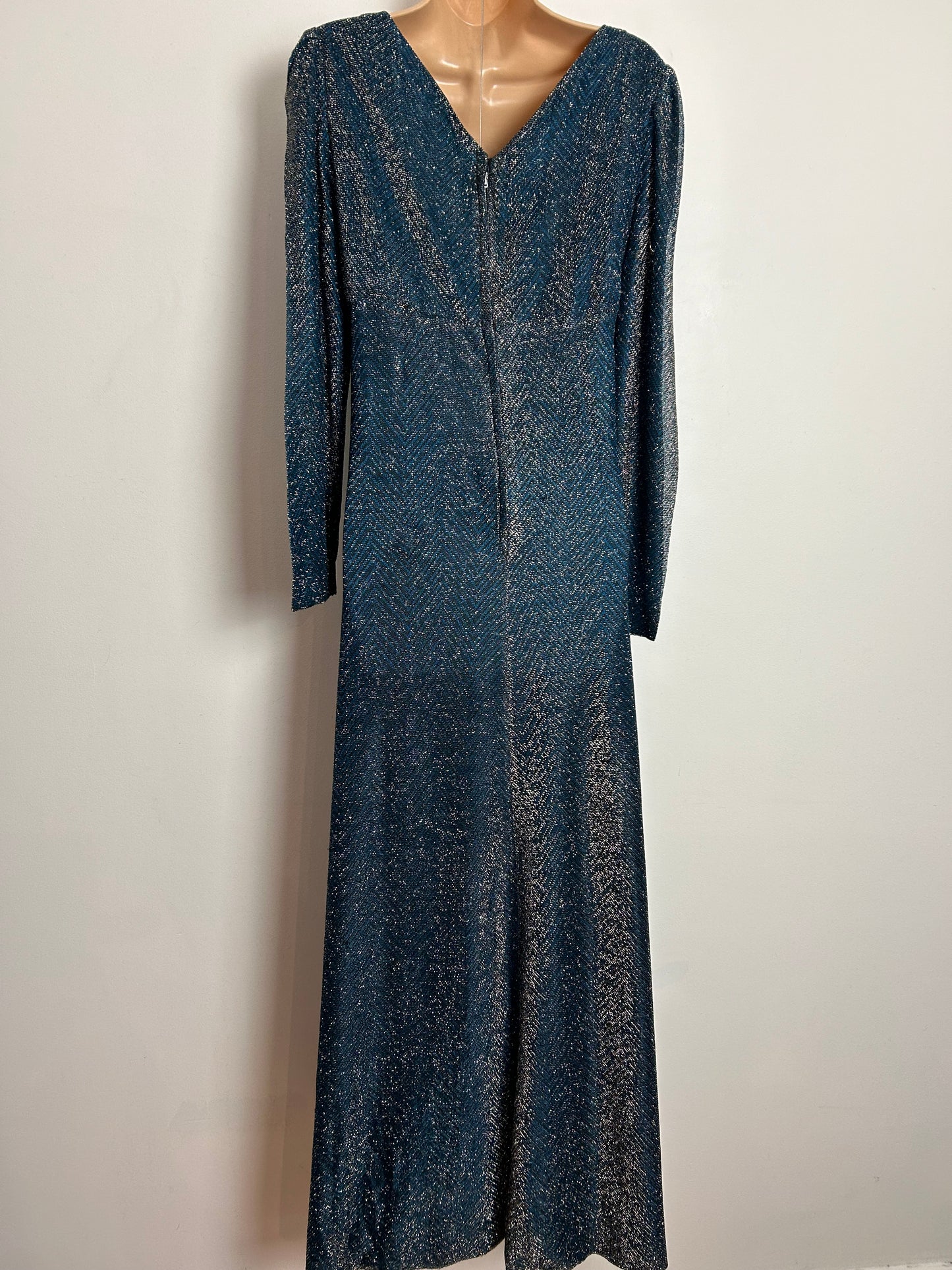 Vintage 1970s UK Size 12-14 Teal Black & Silver Lurex Long Sleeve Plunge Neck Occasion Maxi Dress