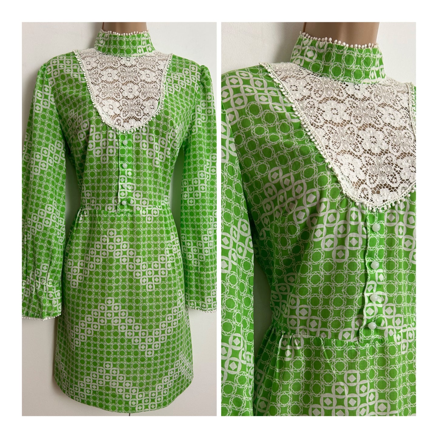 Vintage Early 1970s UK Size 10 Green & White Circle & Geo Print Lace Panelled Long Sleeve Mini Dress