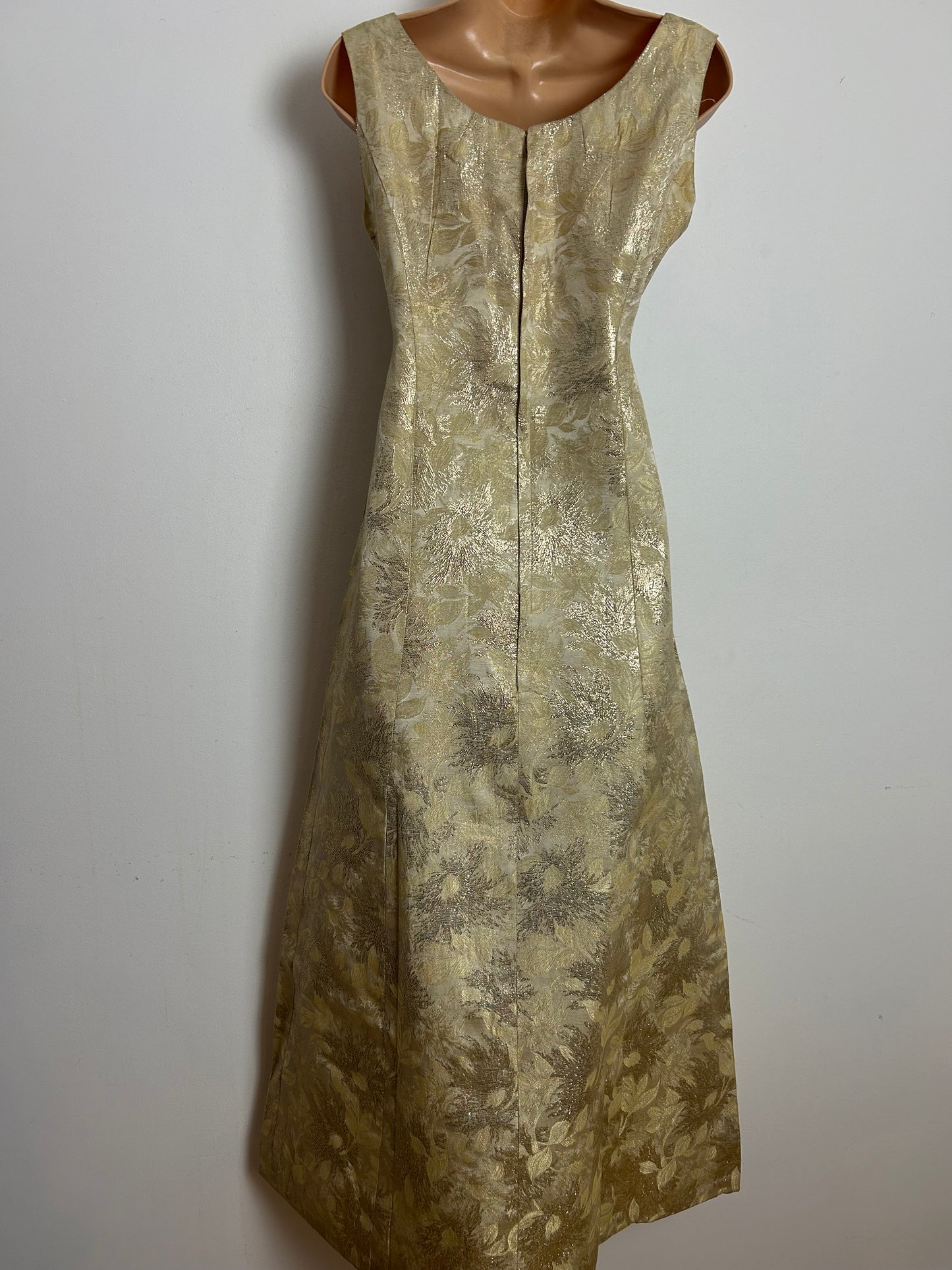 Vintage 1960s Size 10 Metallic Gold Brocade Christmas Occasion Party Maxi Dress