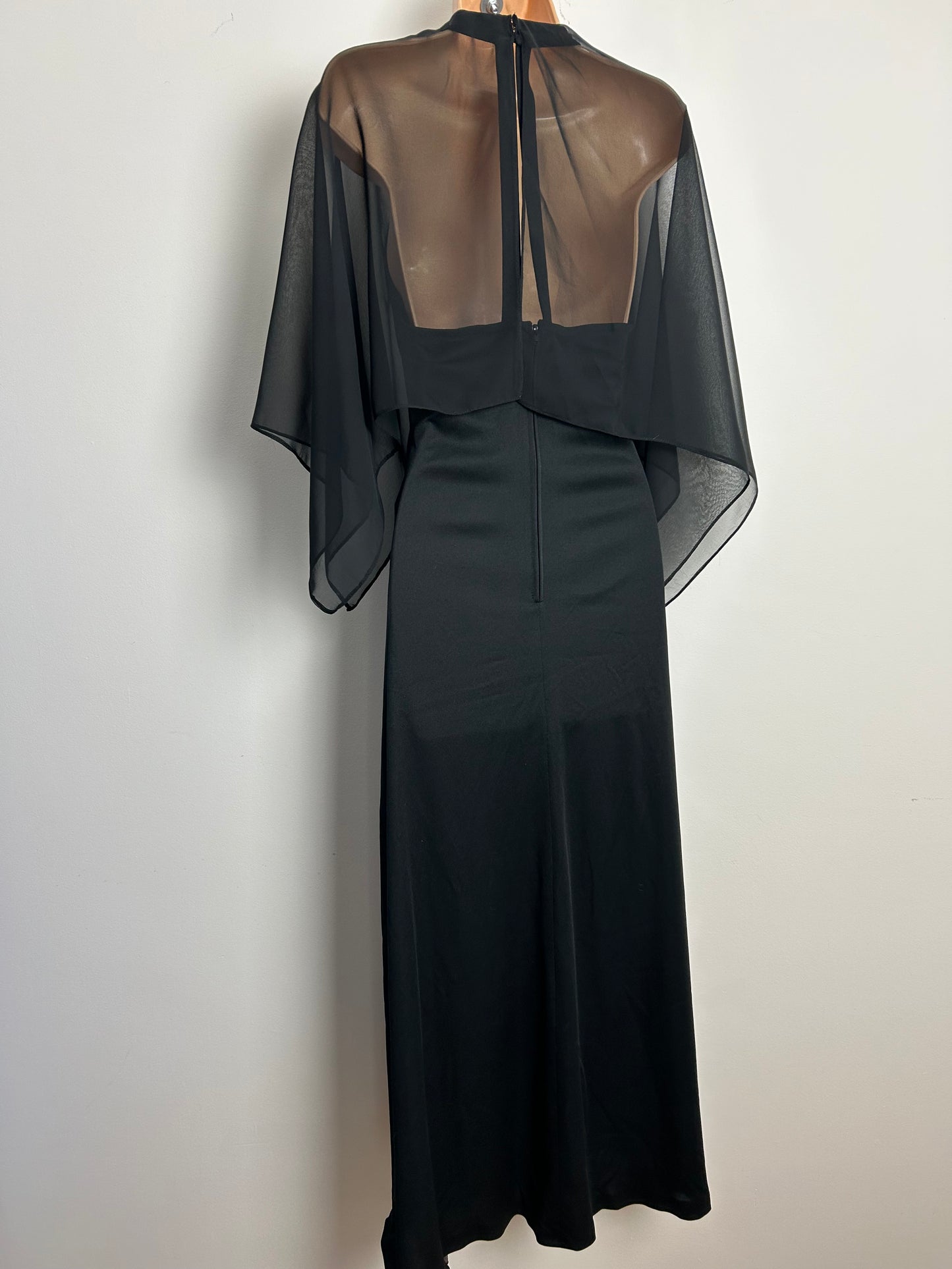 Vintage 1970s Size 10 Black Open Back Chiffon Floaty Cape Sleeve Diamante & Bead Detail Occasion Maxi Dress