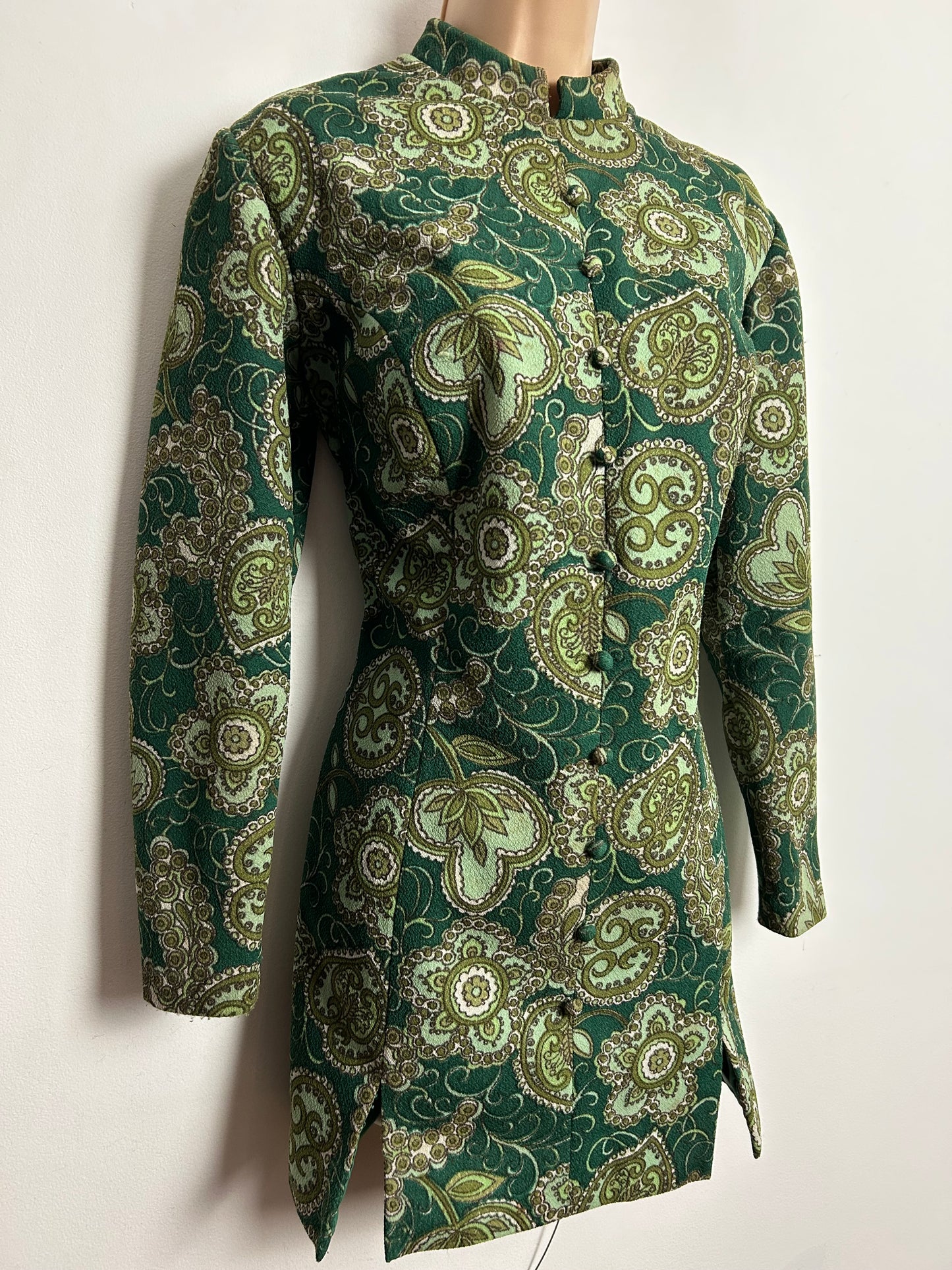 Vintage 1960s UK Size 12-14 Green Tones Floral Print Crimplene Mini Mod Shift Dress