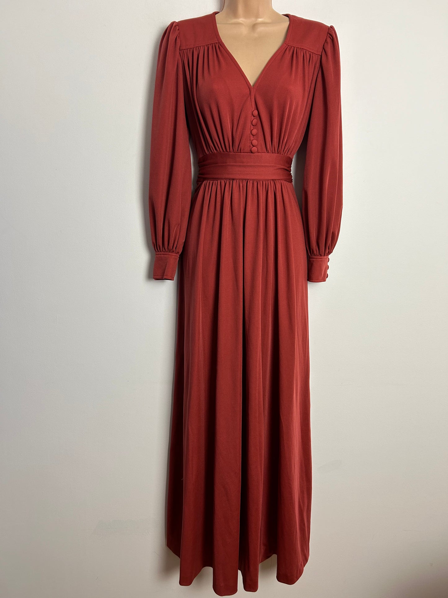 Vintage 1970s CREATION MADEMOISELLE UK Size 6-8 Terracotta Long Sleeve Gather Pleated Maxi Dress