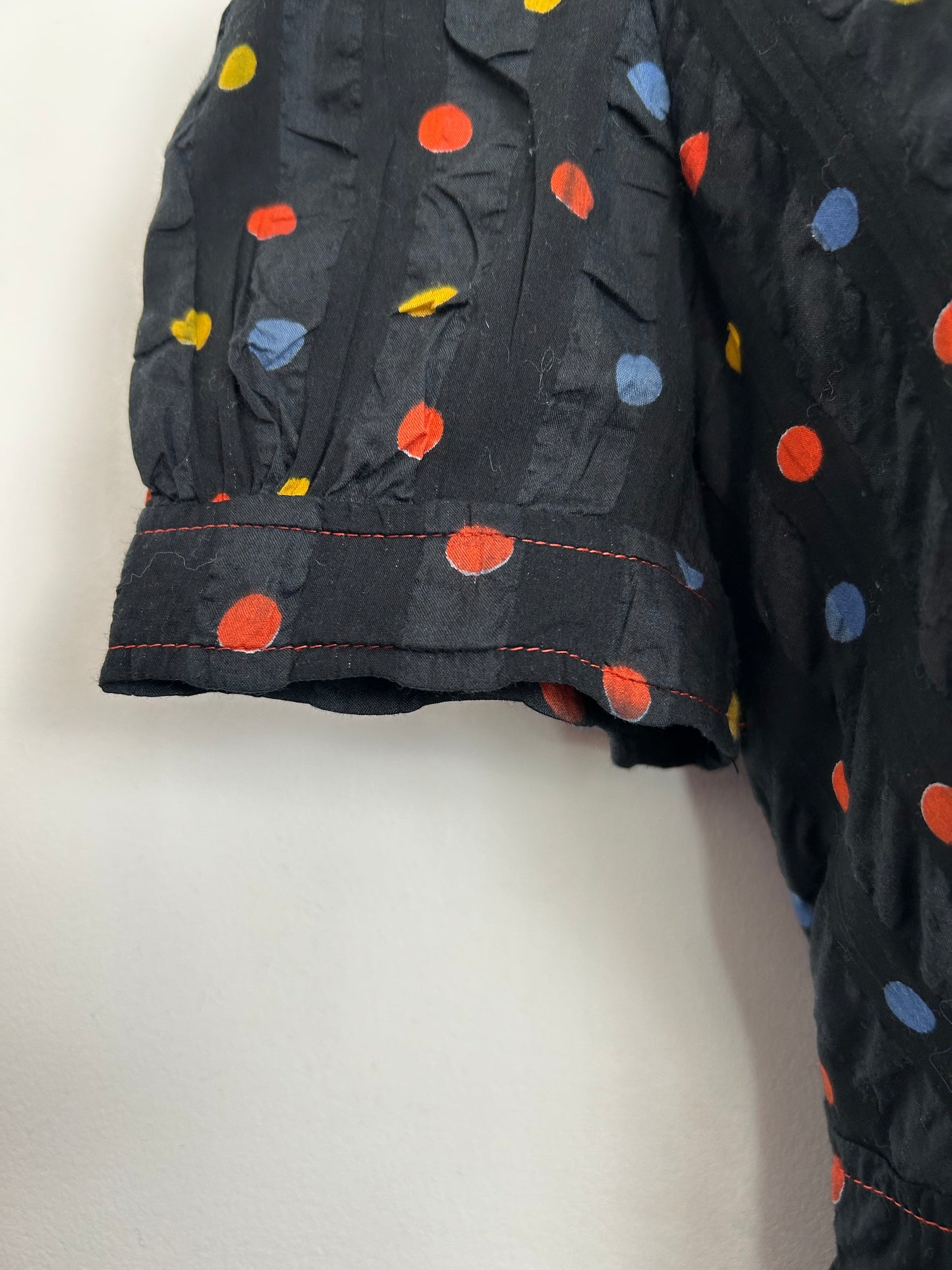 Vintage 1960s Size 10 Black Orange Yellow & Blue Polka Dot Seersucker Cotton Mini Mod Dress