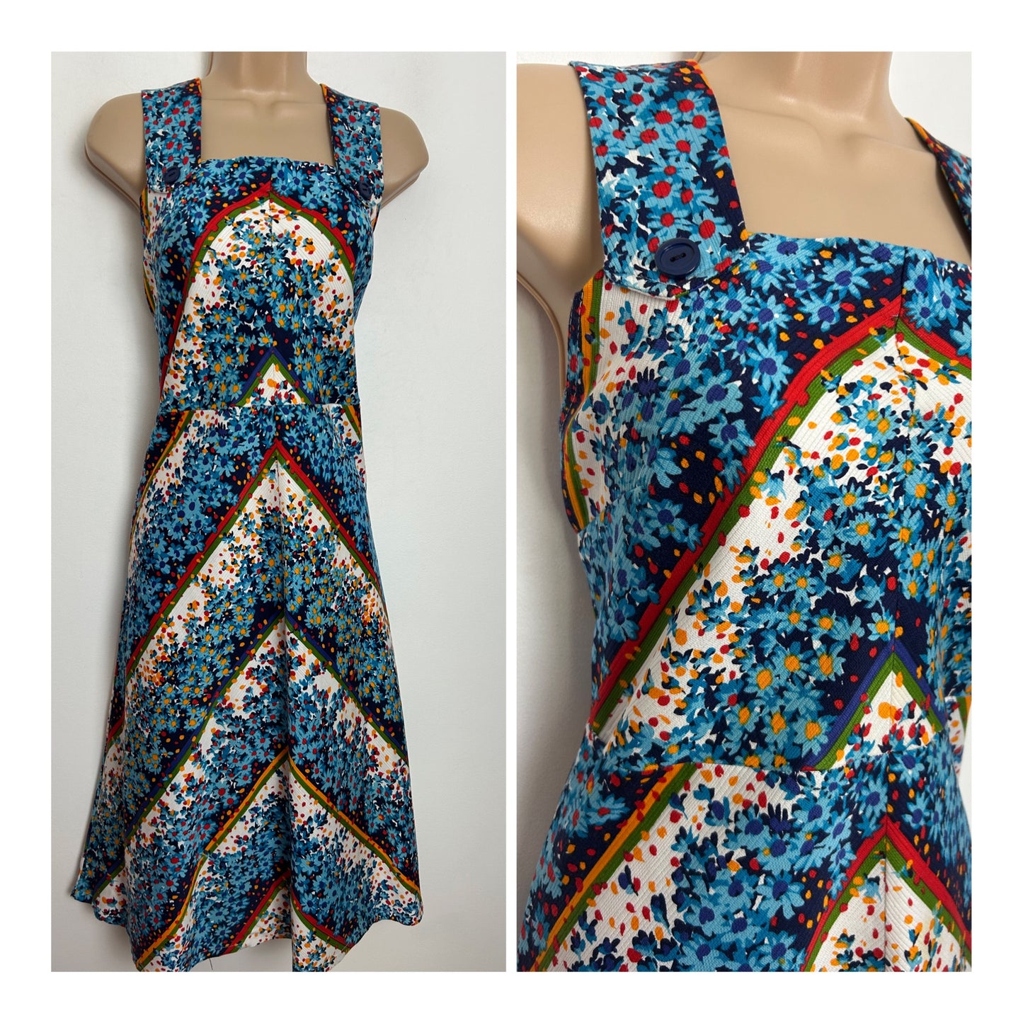 Vintage 1970s SOLIDA Size 12 Blue White Orange Red Floral & Stripe Print Cotton Summer Day Dress