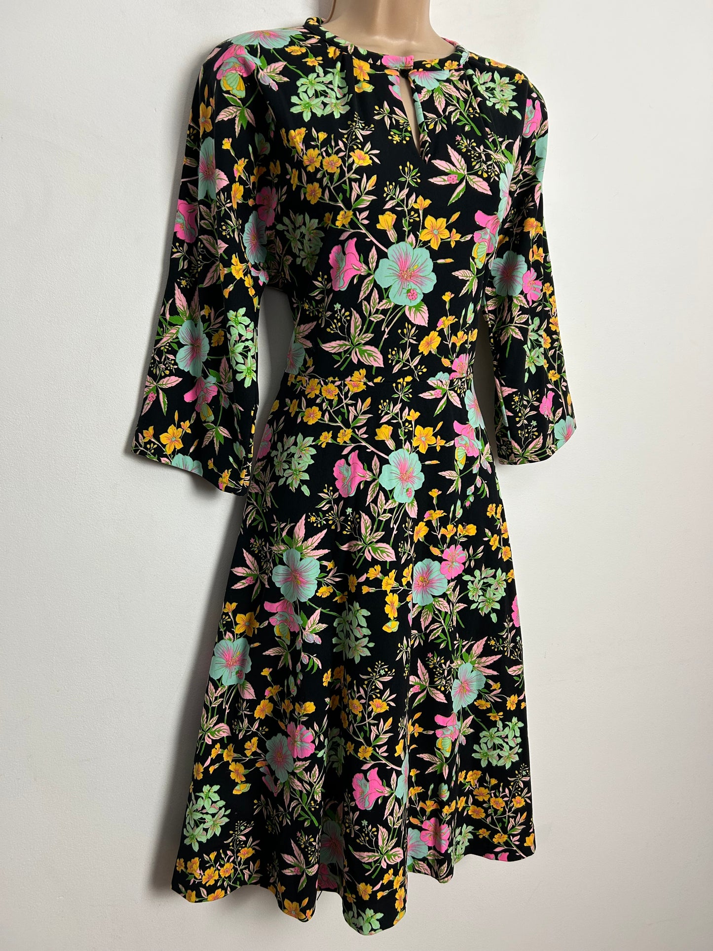Vintage 1970s UK Size 10-12 Black Green Pink Blue & Yellow Floral & Ladybird Print Day Dress