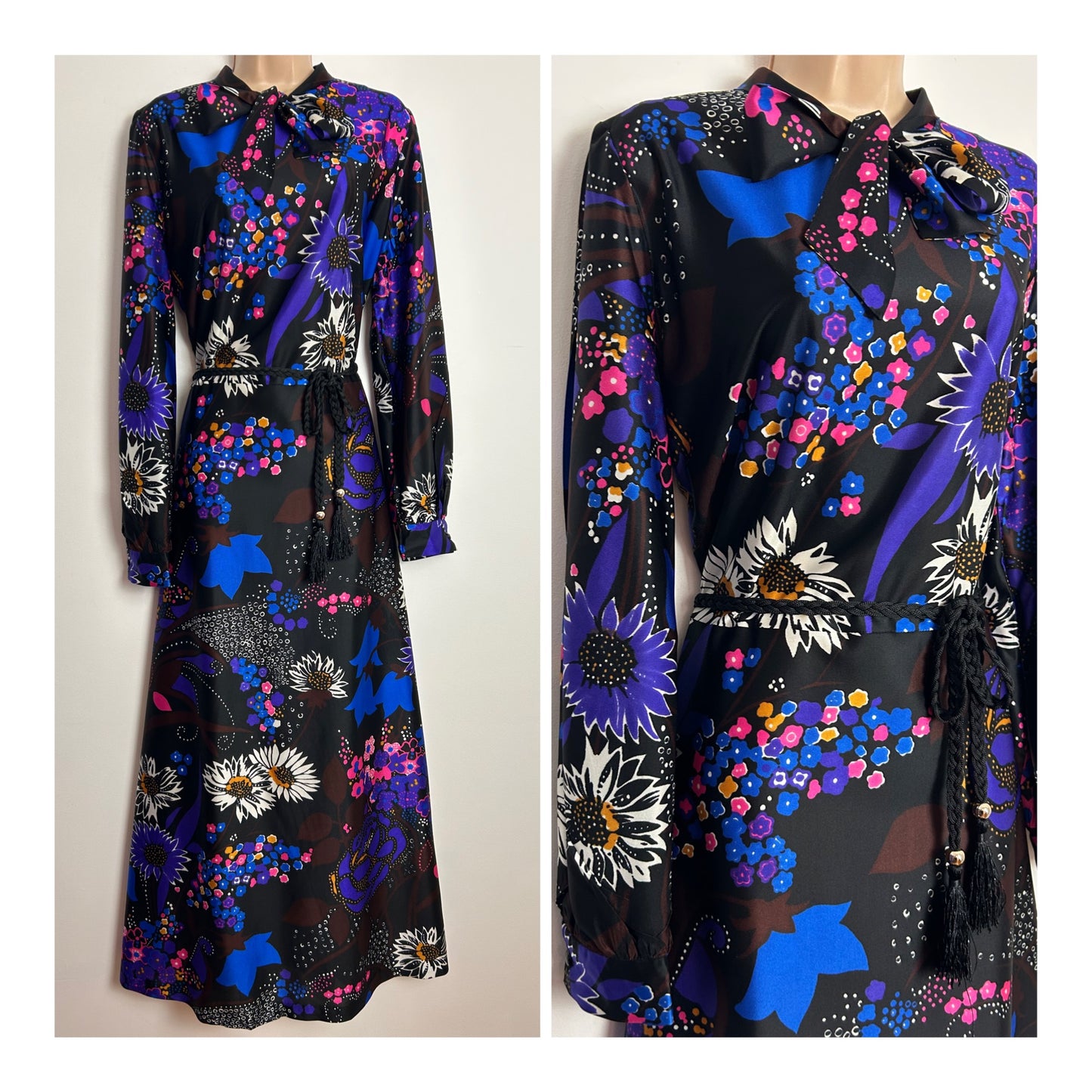 Vintage 1970s Size 16-18 Black Blue Purple & Pink Floral Print Pussy Bow Long Sleeve Belted Maxi Dress