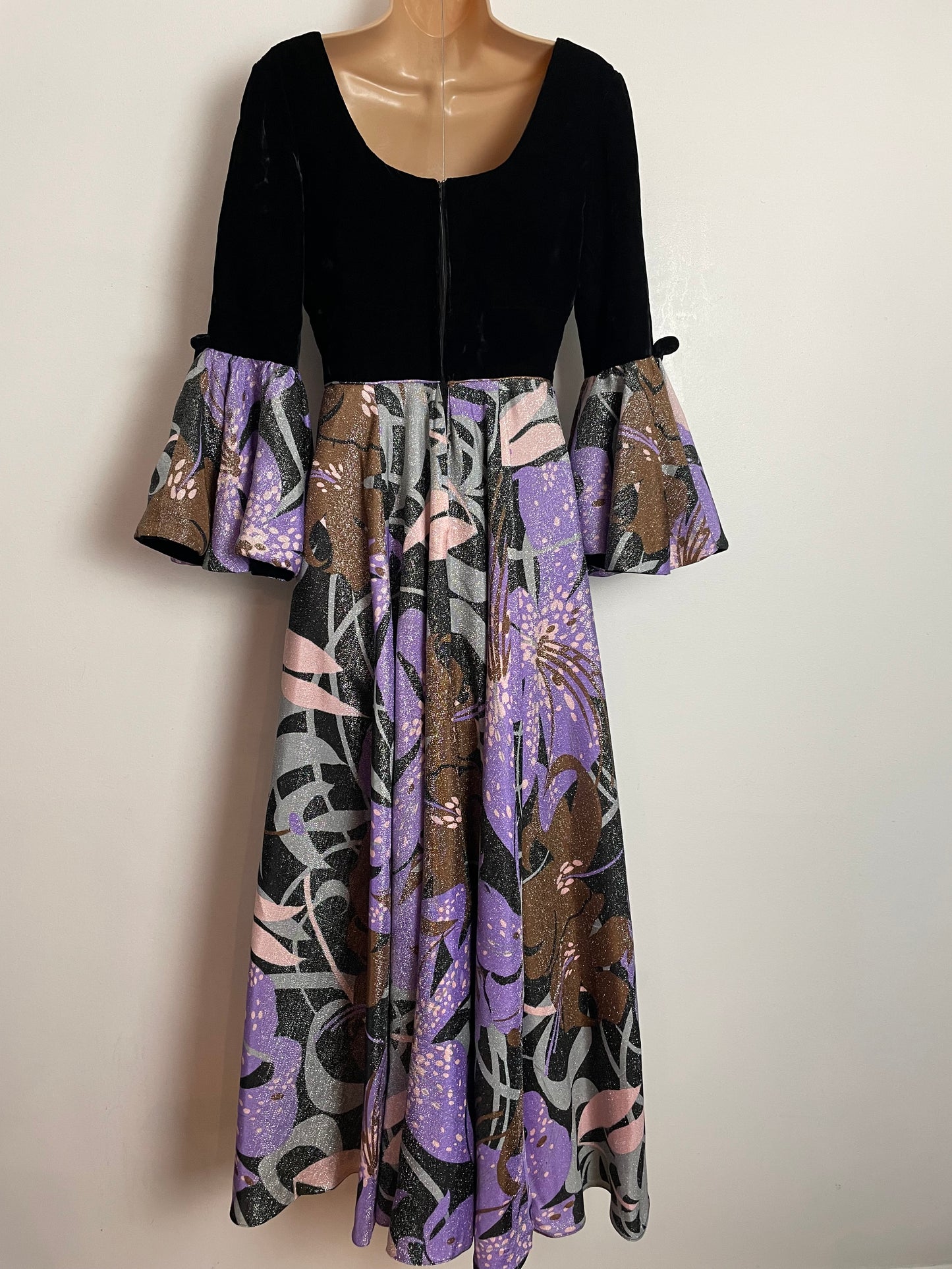 Vintage 1970s UK Size 6-8 Stunning Black & Pink Tones Abstract Print Velvet & Lurex Occasion Evening Maxi Dress