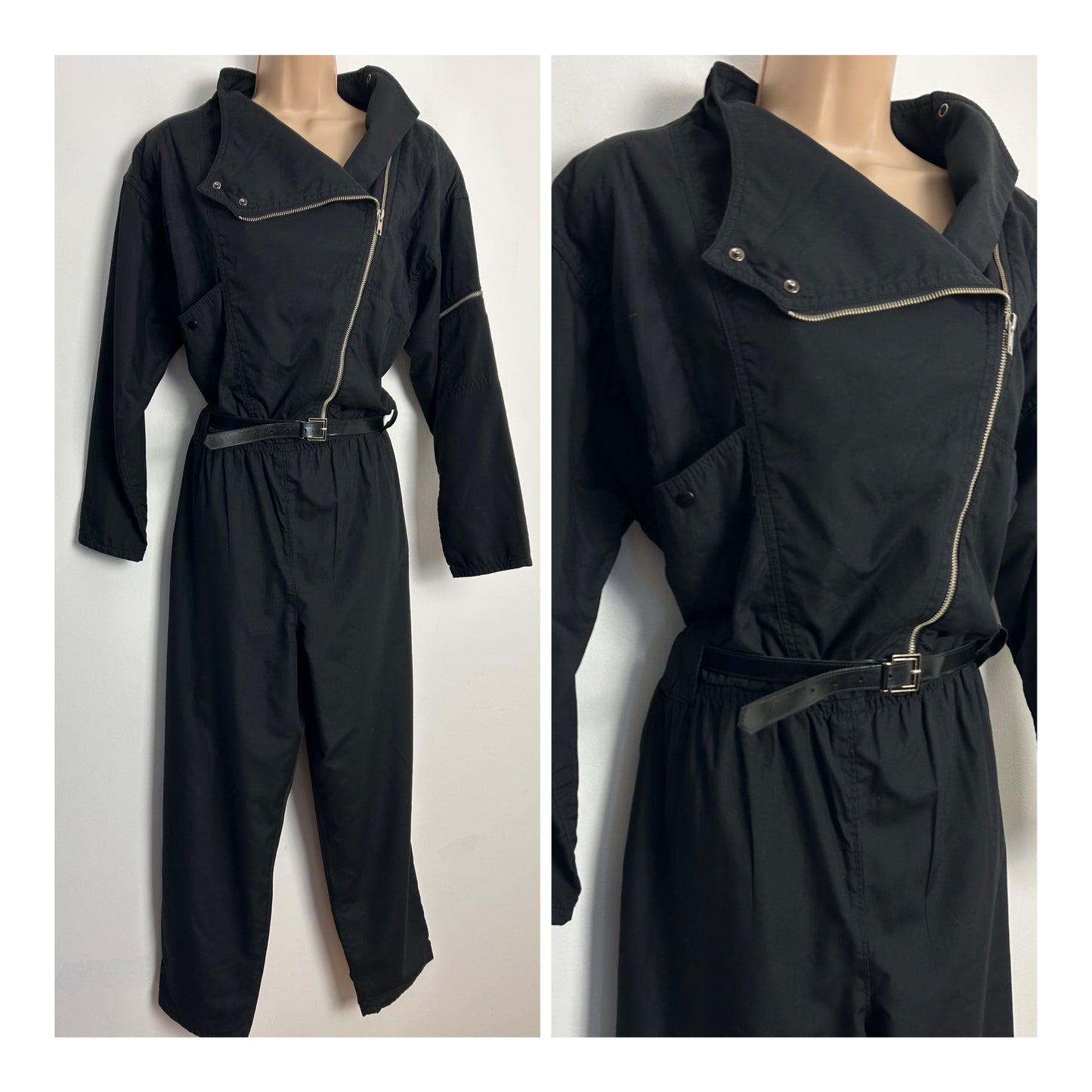 Vintage 1980s TIME COLLECTION UK Size 12 Black Zip Fronted Pocket Detail Belted Taper Leg Jumpsuit