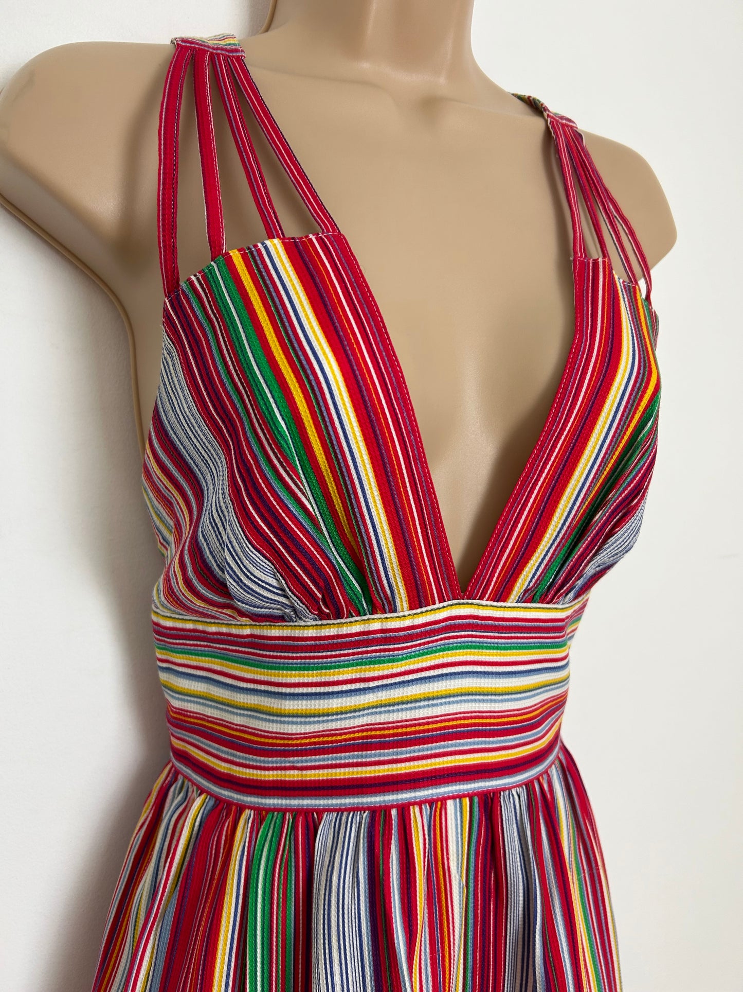 Vintage Late 1970s Size 6-8 Multi Stripe Cross Strap Plunge Neck Summer Sundress
