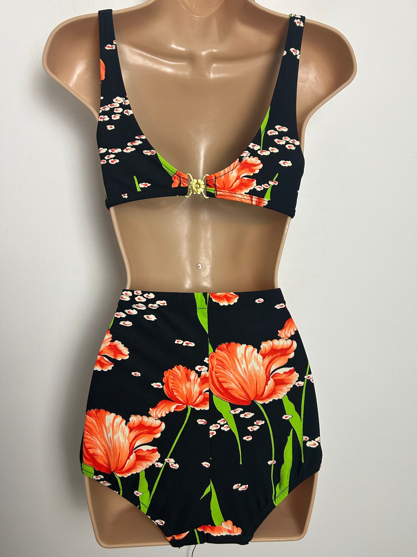 Vintage 1960s TRIUMPH INTERNATIONAL Approx Size 12 "Jalisco" Black & Orange Floral Print Bikini