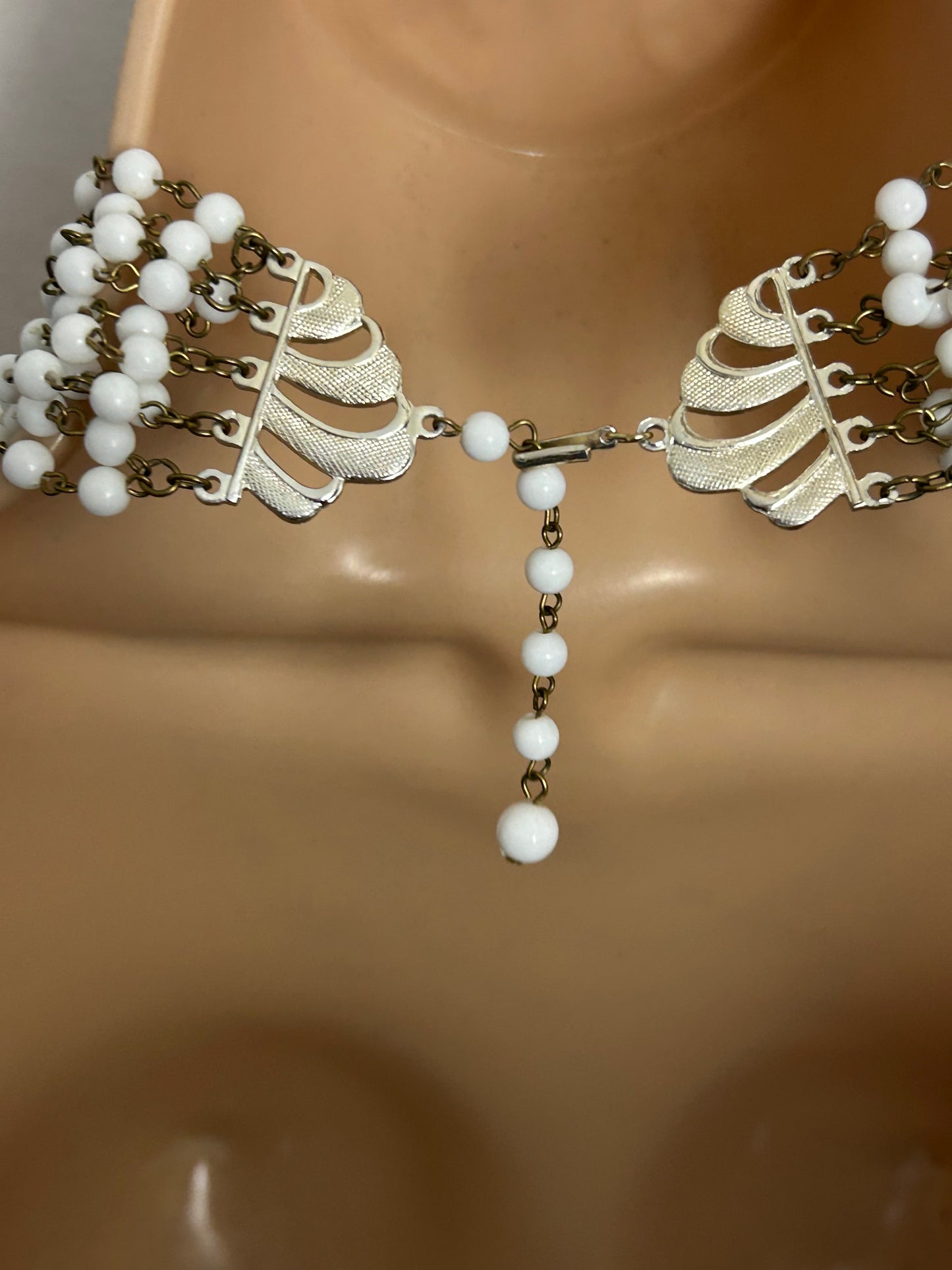 Vintage 1960s White Plastic Bead Ten Strand Statement Necklace (Hong Kong)