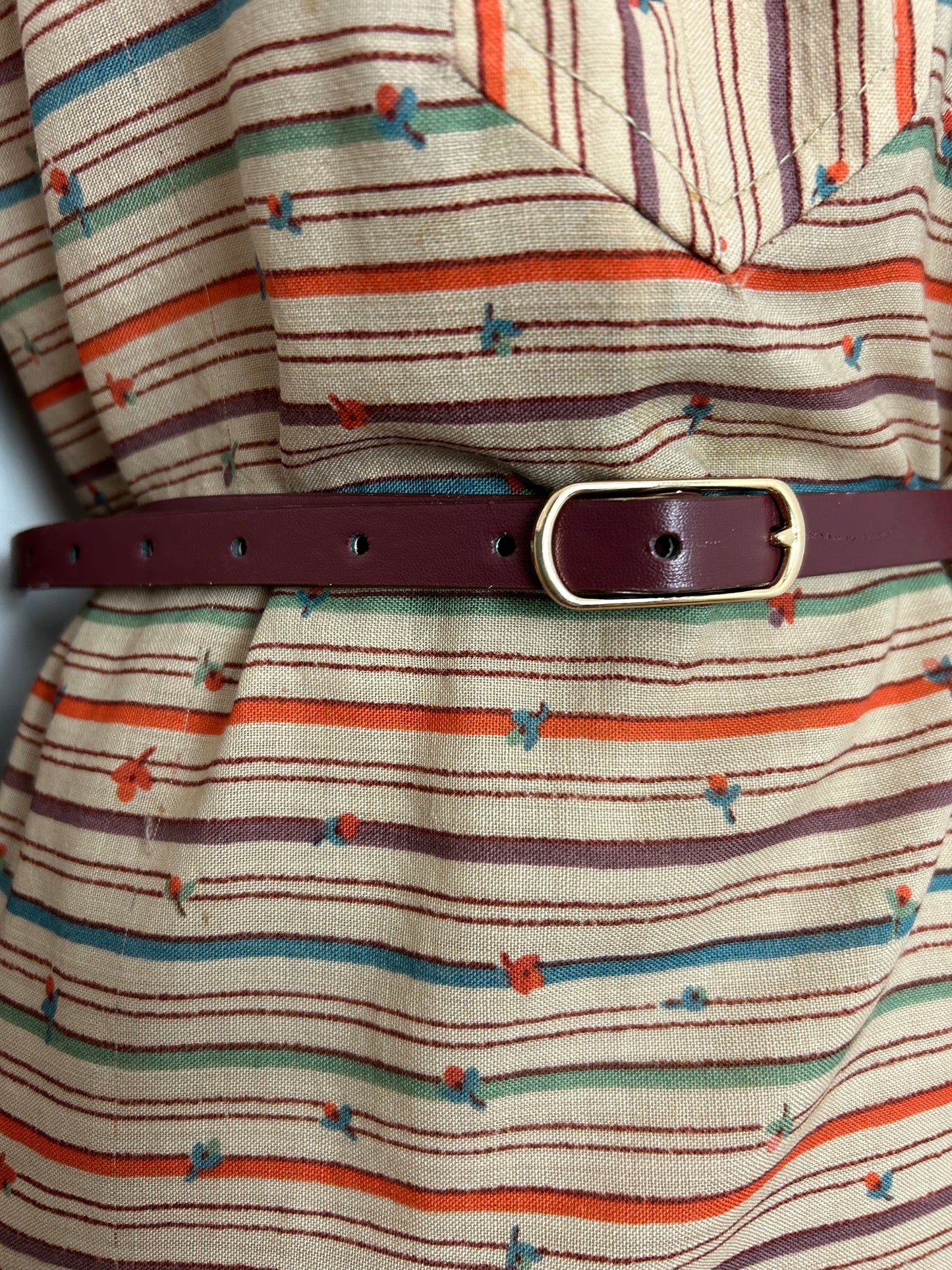 Vintage 1970s SUSAN SMALL UK Size 14 Oversize Beige Orange & Plum Stripe Belted Long Sleeve Smock Or Belted Dress