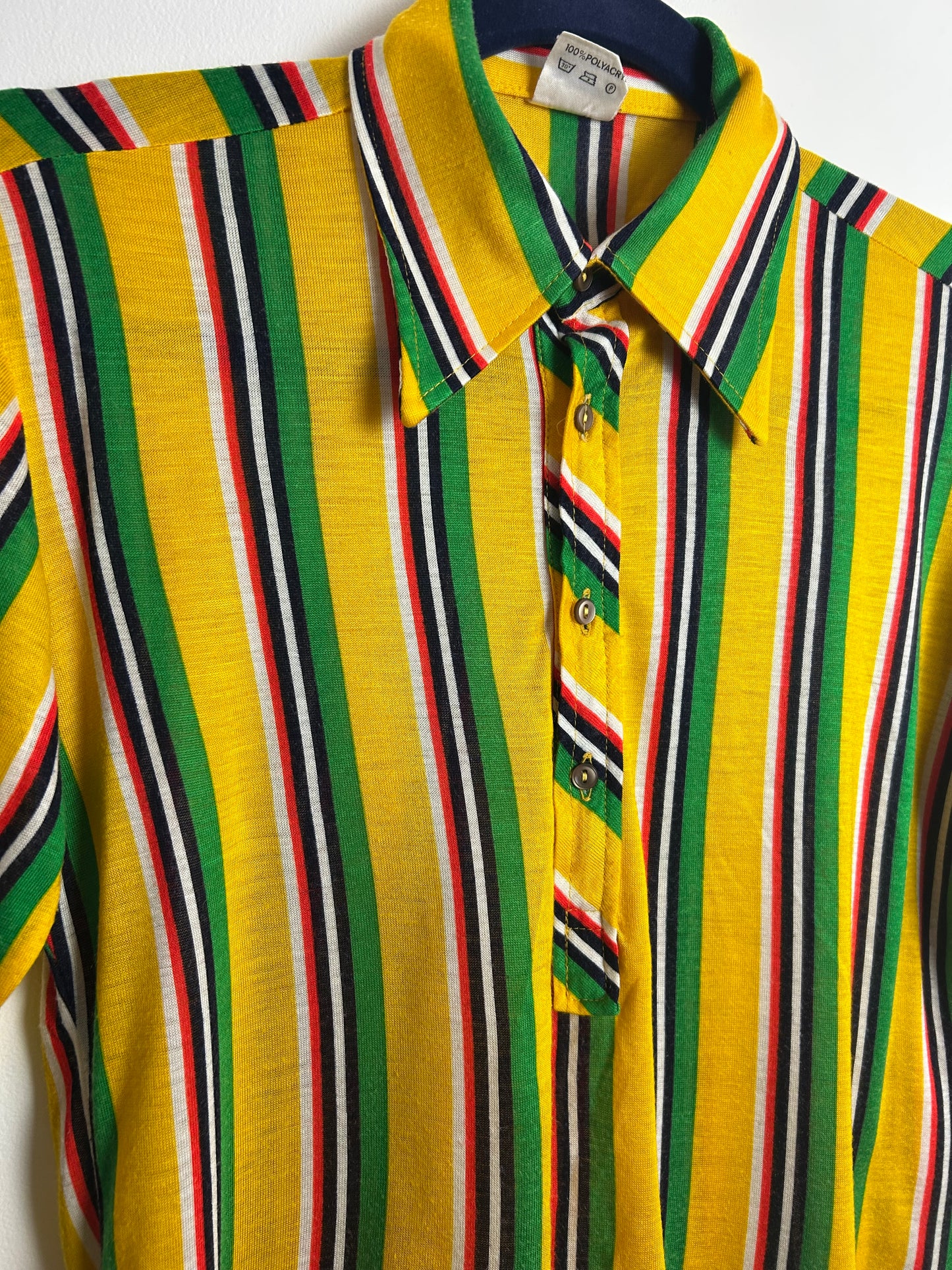 Vintage 1970s Size 8-10 Yellow Green White & Red Stripe Print Long Sleeve Shirt