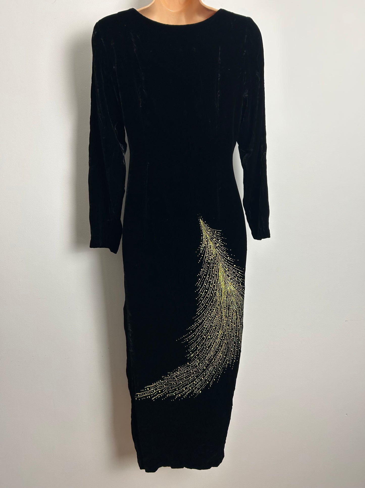 Vintage 1990s Size 8 Black Velour Gold & Green Shimmery Glitter Detail Midi Occasion Evening Dress