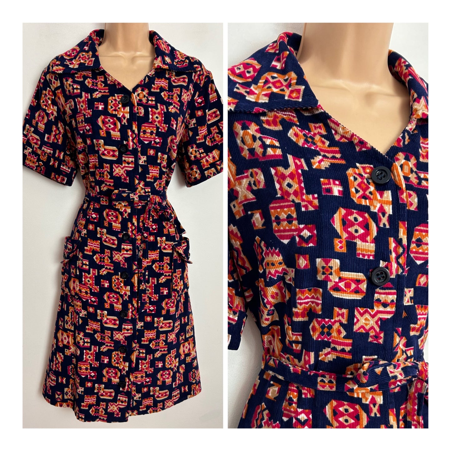 Vintage 1970s UK Size 16 Navy Blue Orange & Red Abstract Geo Print Corduroy Short Sleeve Belted Mod Dress