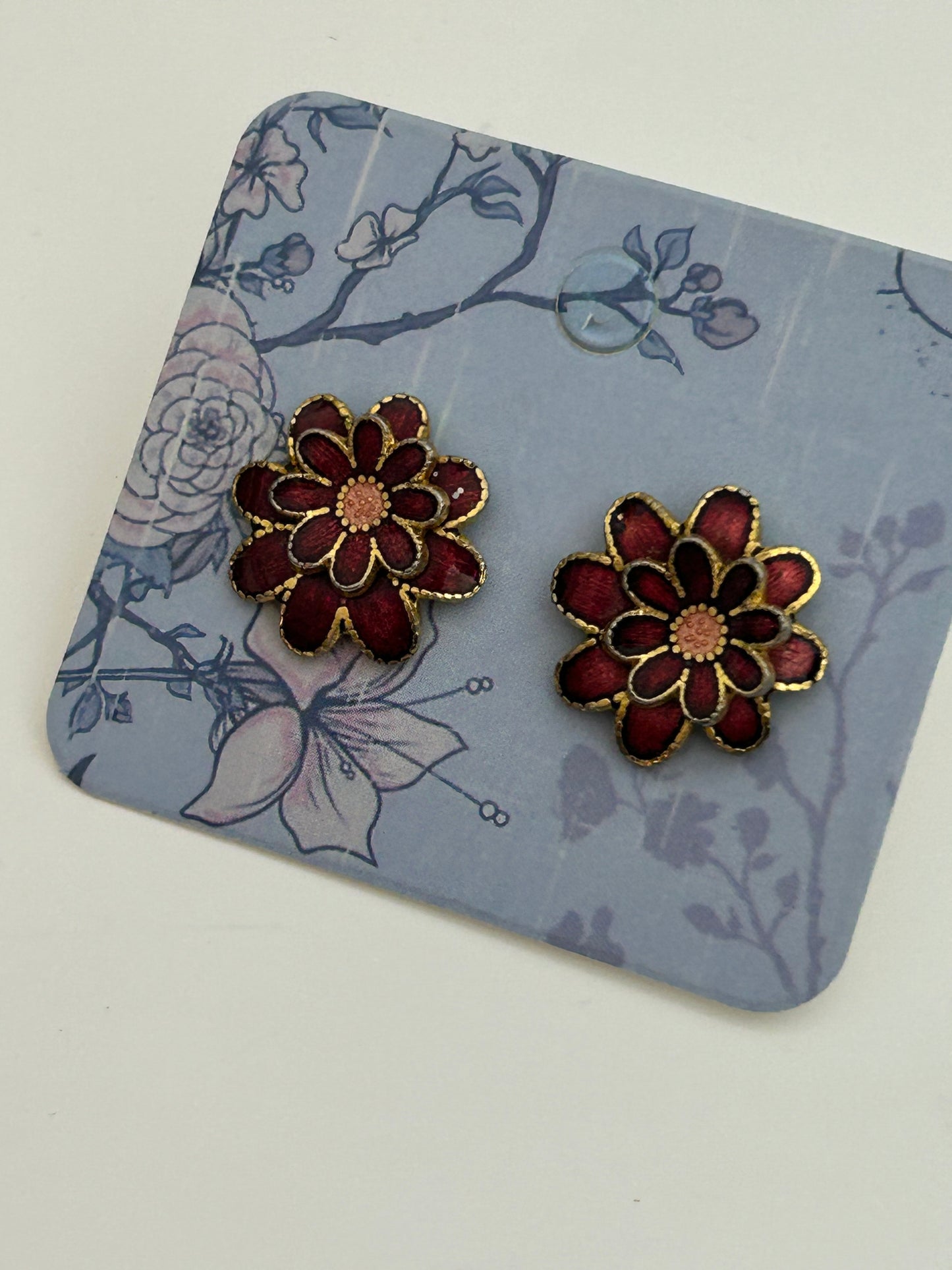Vintage Gold Tone & Red Cloisonne Enamel Flower Earrings