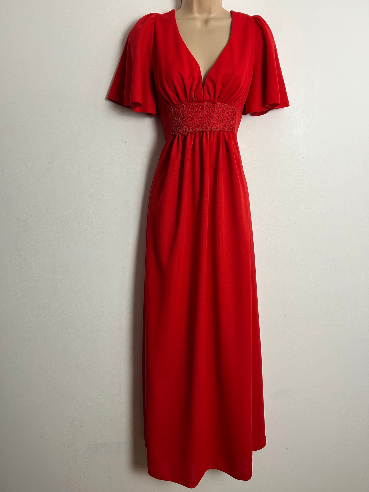 Vintage 1970s UK Size 8 Red Plunge Neck Short Sleeve Lace Trim Boho Maxi Dress