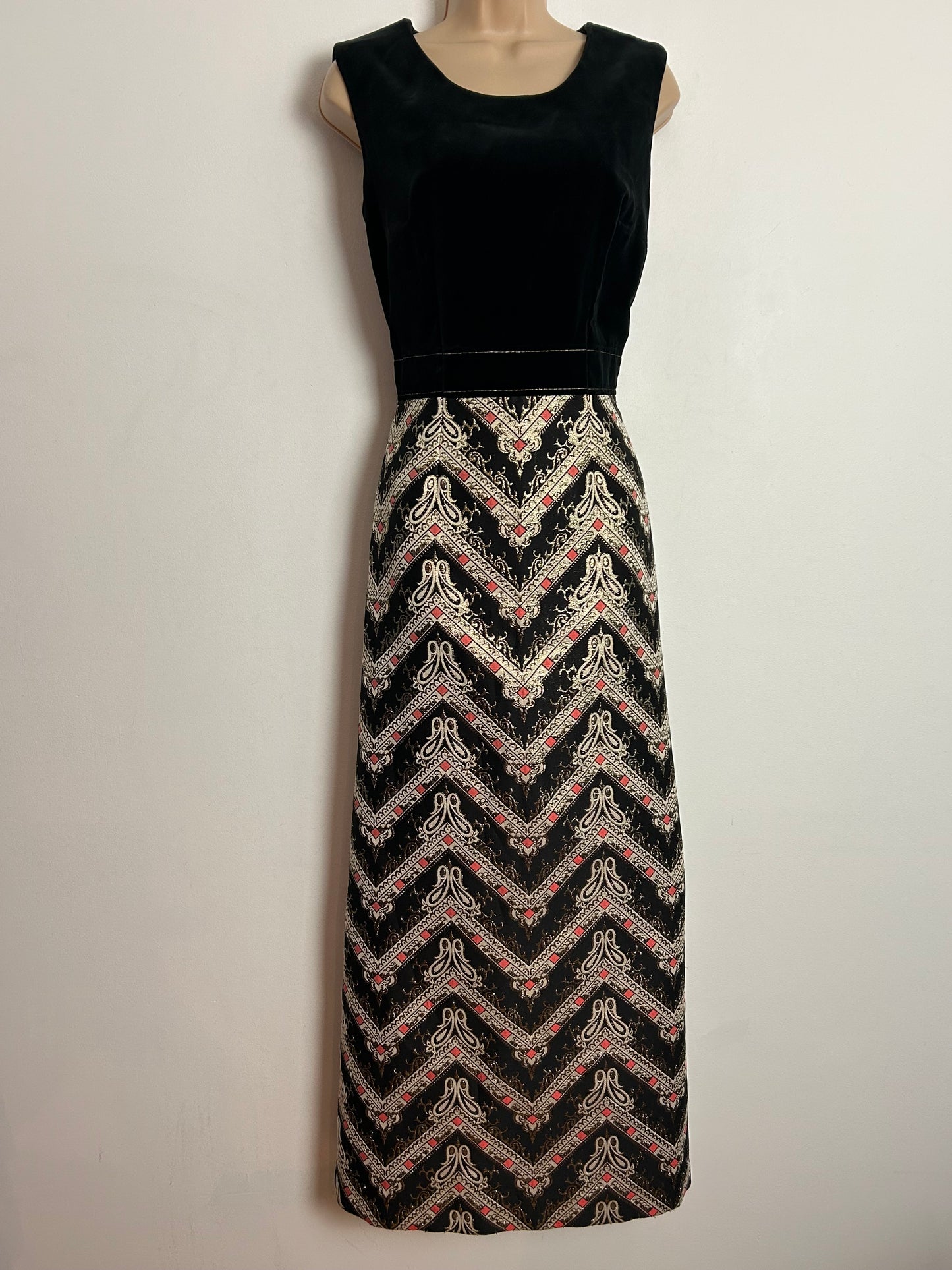 Vintage 1960s UK Size 12 Black Gold & Pink Velvet & Brocade Evening Occasion Maxi Dress