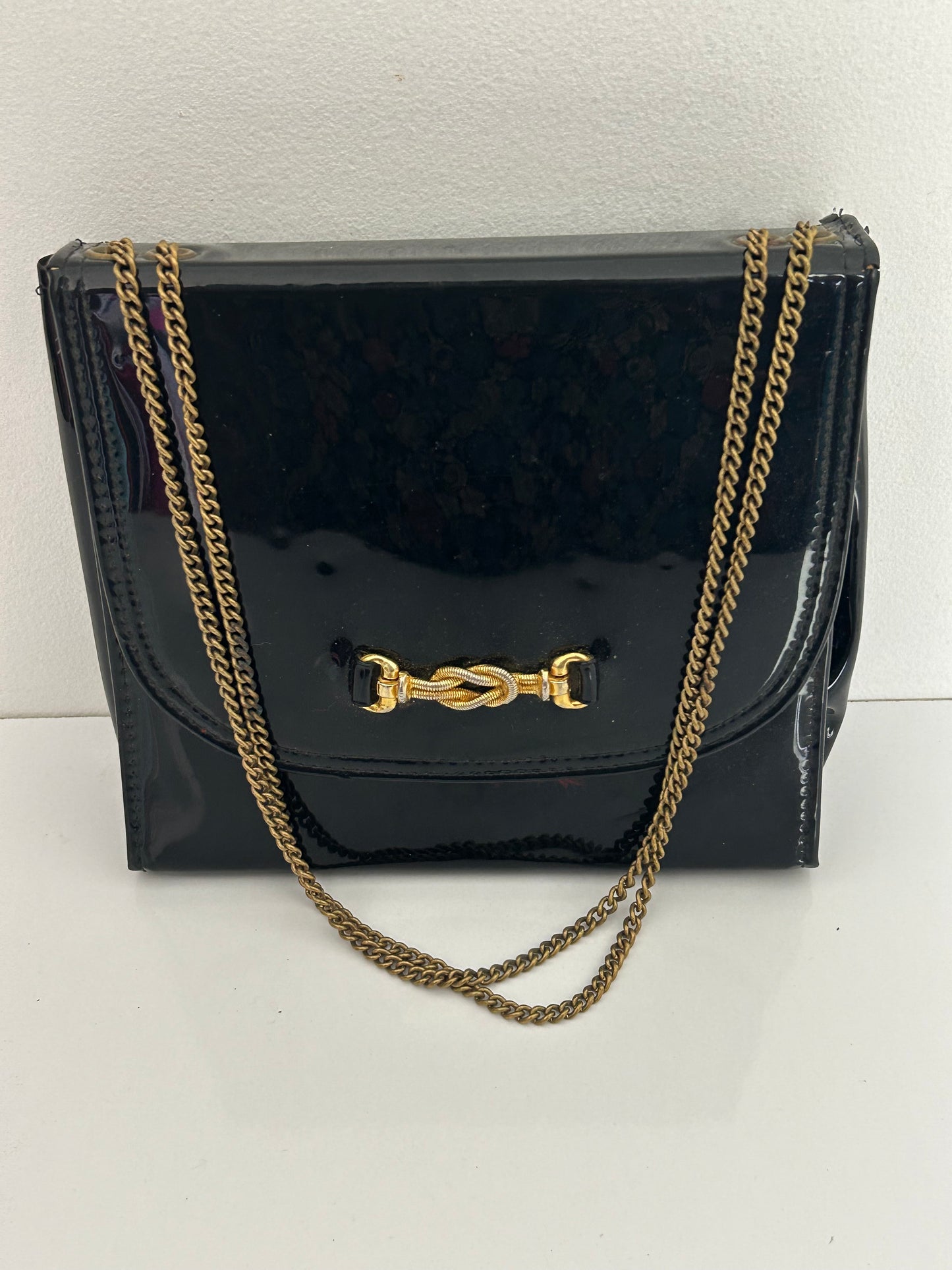 Vintage 1960s Black Patent Small Square Bag With Adjustable Chain Strap