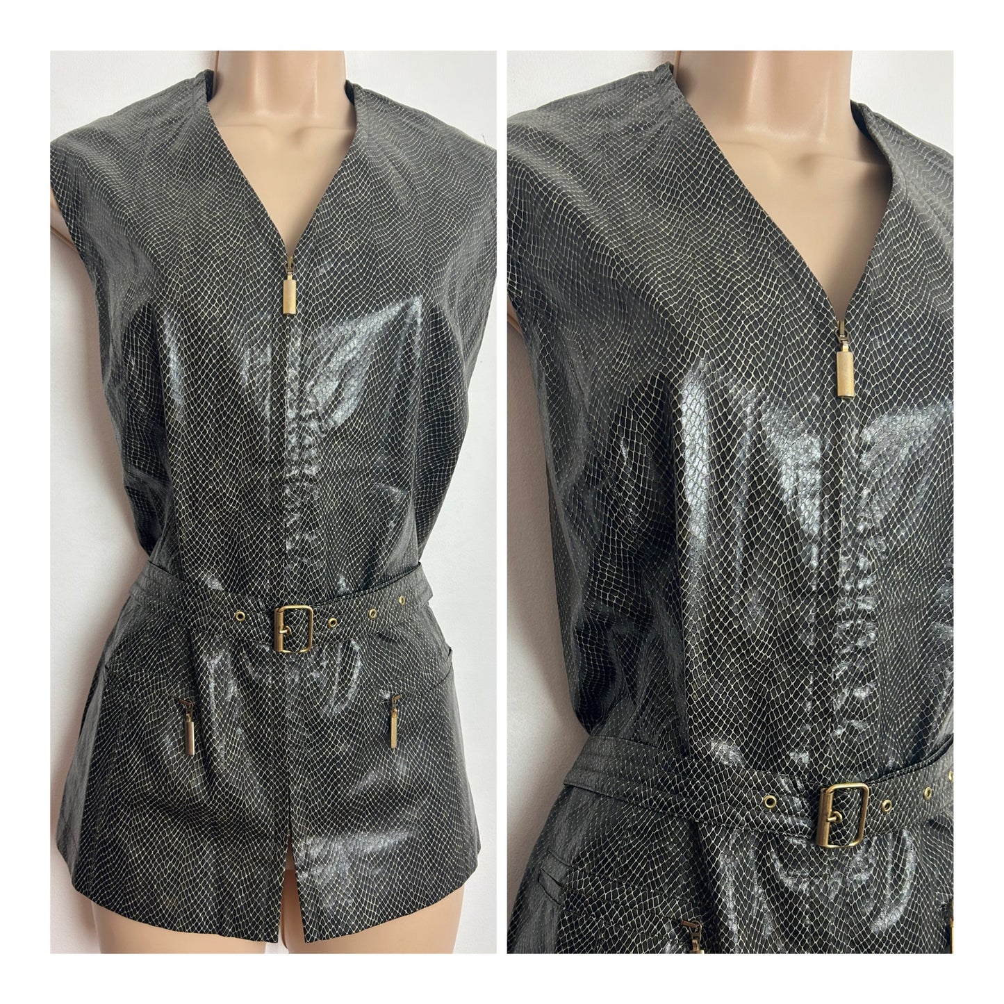 Vintage 1980s BETTY BARCLAY Size 12 Brown Faux Leather Reptile Skin Belted Zip Front Waistcoat Gilet Style Top