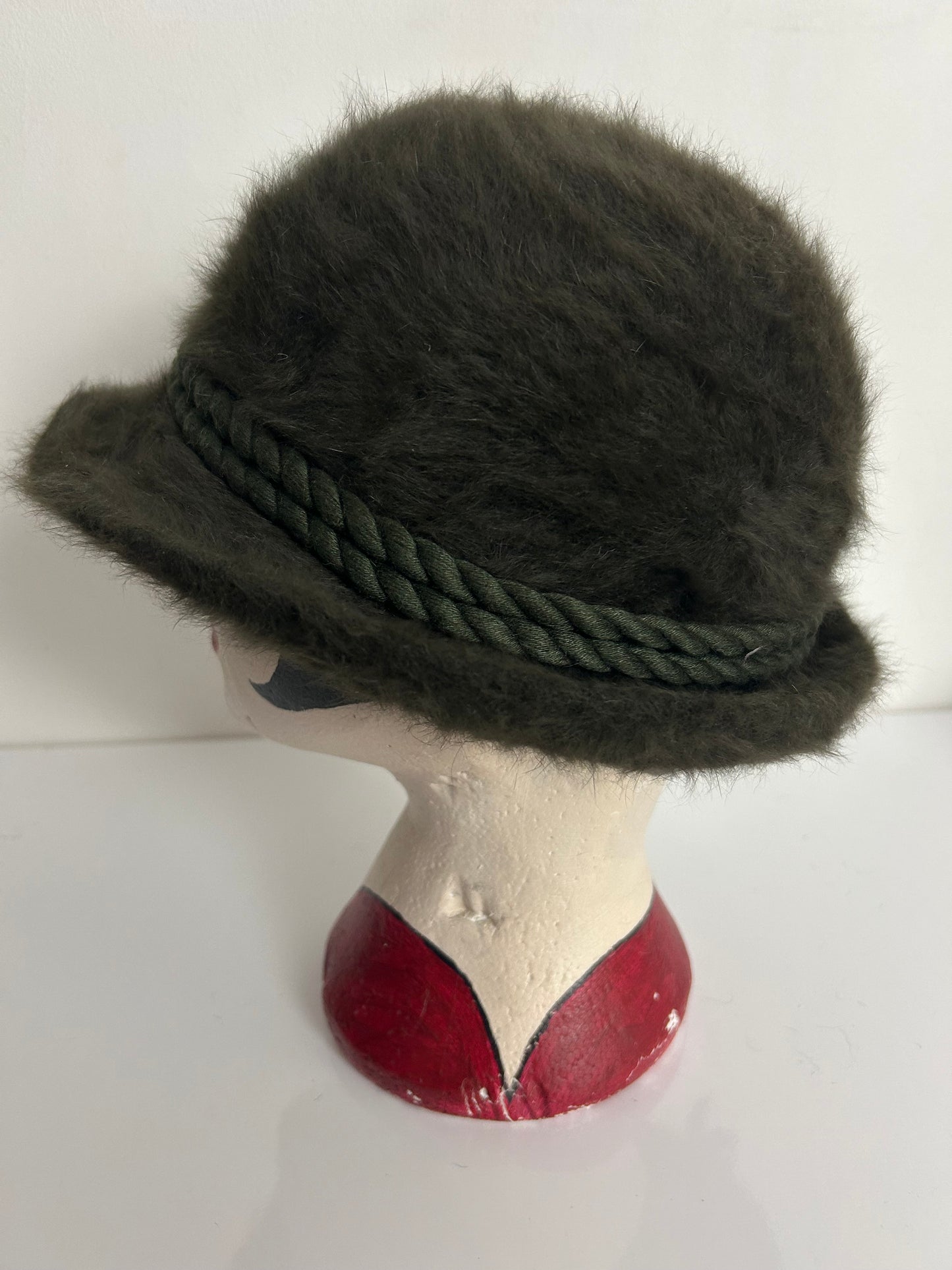 Vintage Austrian Dark Moss Green Angora Mix Rope Braid & Feather Trim Trilby Style Hat