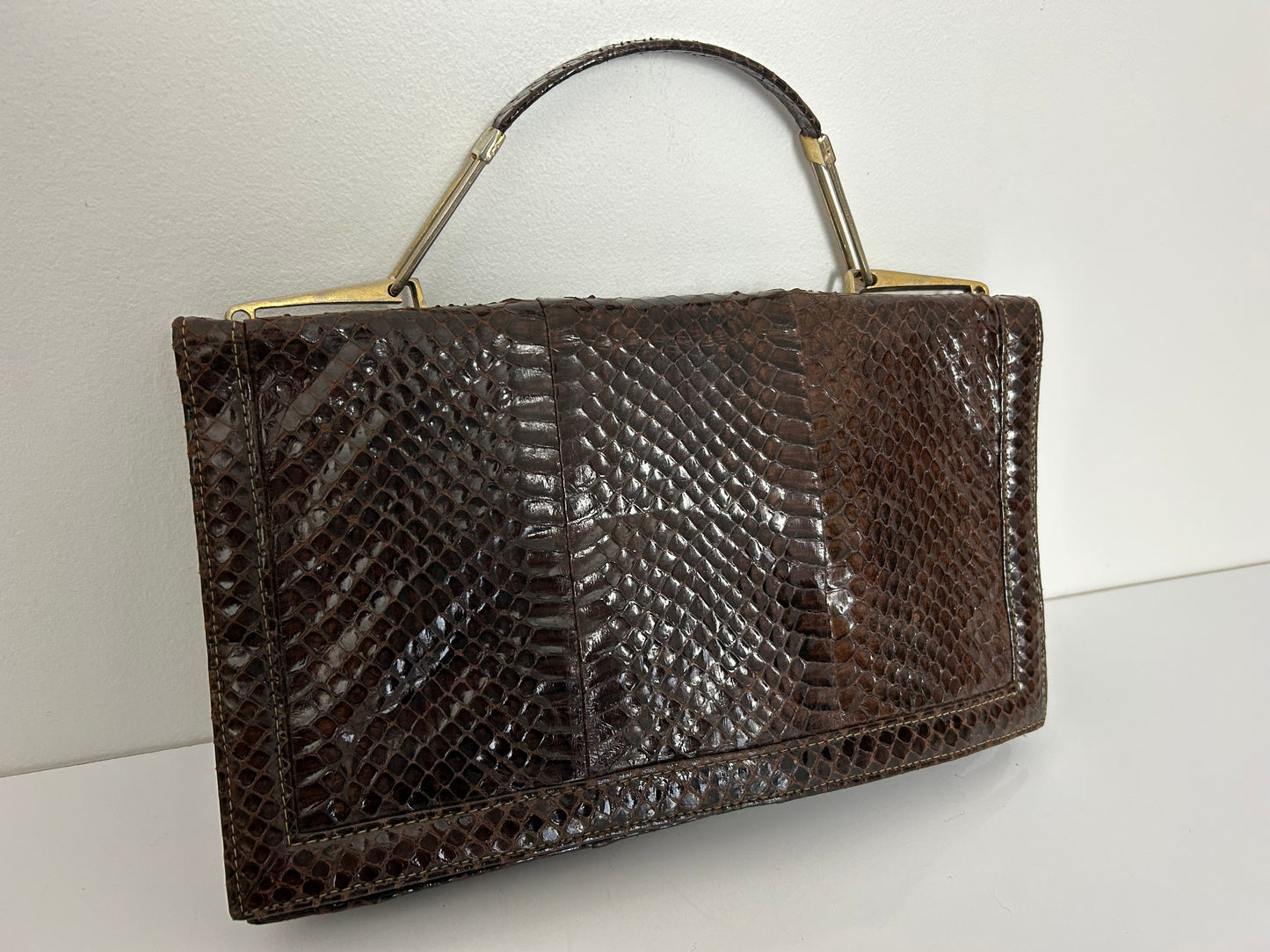 Vintage 1970s Italian Brown Reptile Leather Handbag With Removable Shoulder Strap