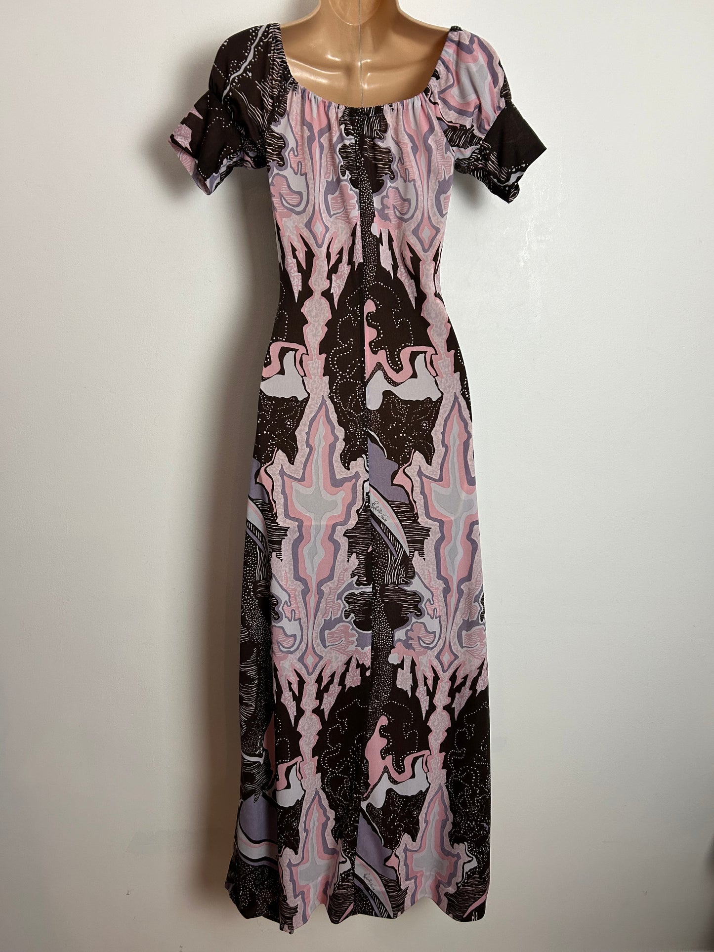 Vintage 1970s VERY RARE ROBERTA LUCA UK Size 6 Brown White Pink & Lilac Abstract Print Signed Fabric Maxi Dress