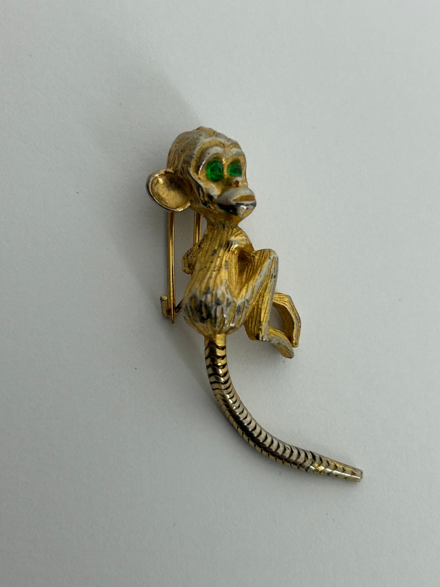 Vintage Gold Tone RARE French Articulated Tail Monkey Brooch With Green Stone Eyes
