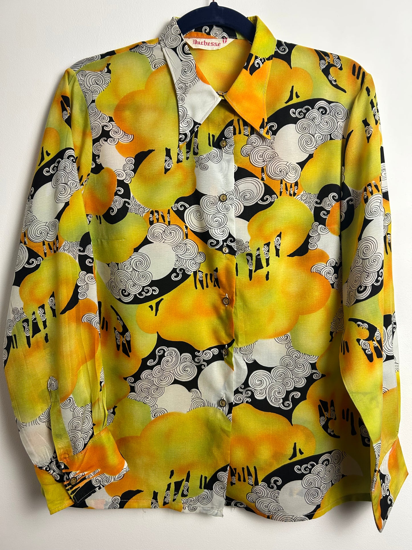 Vintage 1970s DUCHESSE Size 14-16 Yellow Orange Black & White Abstract Op Art Print Long Sleeve Shirt