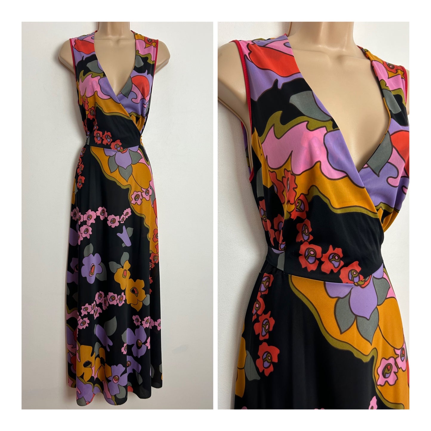 Vintage 1970s UK Size 14 Black Pink Lilac Orange & Mustard Yellow Lightweight Nylon Maxi Dress