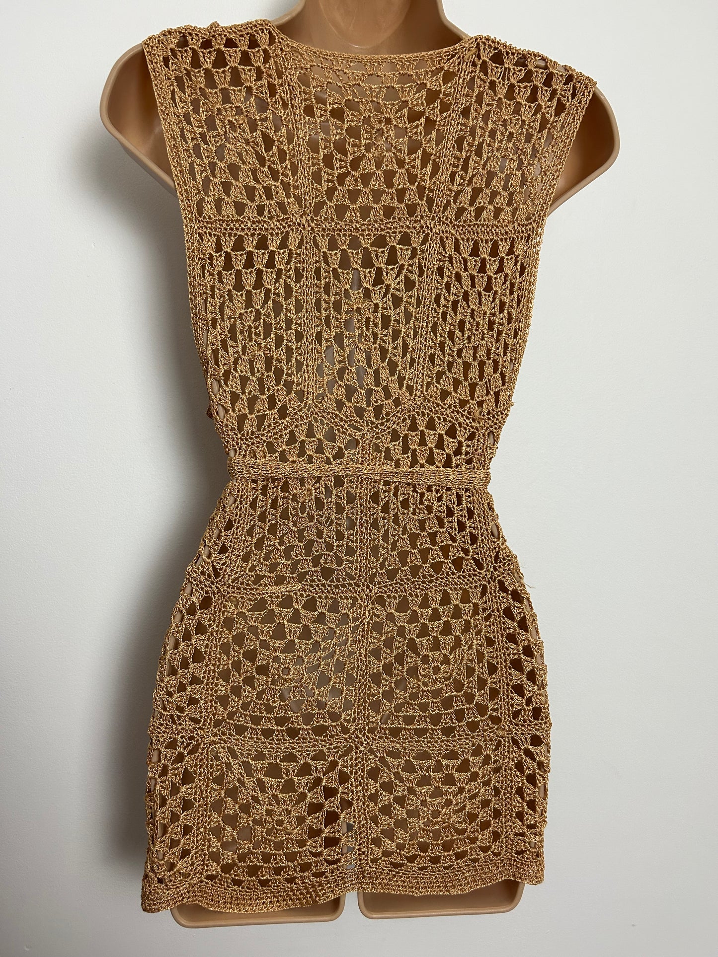 Vintage Size 8 Dark Beige Open Sided Belted Crochet Cover Up Top