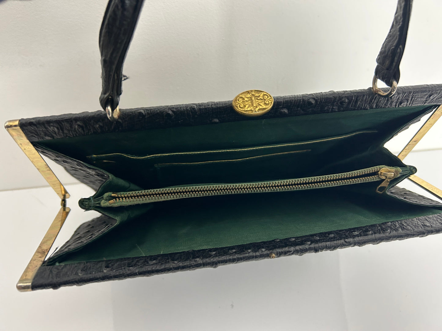 Vintage 1950s Black Ostrich Leather Kelly Style Handbag