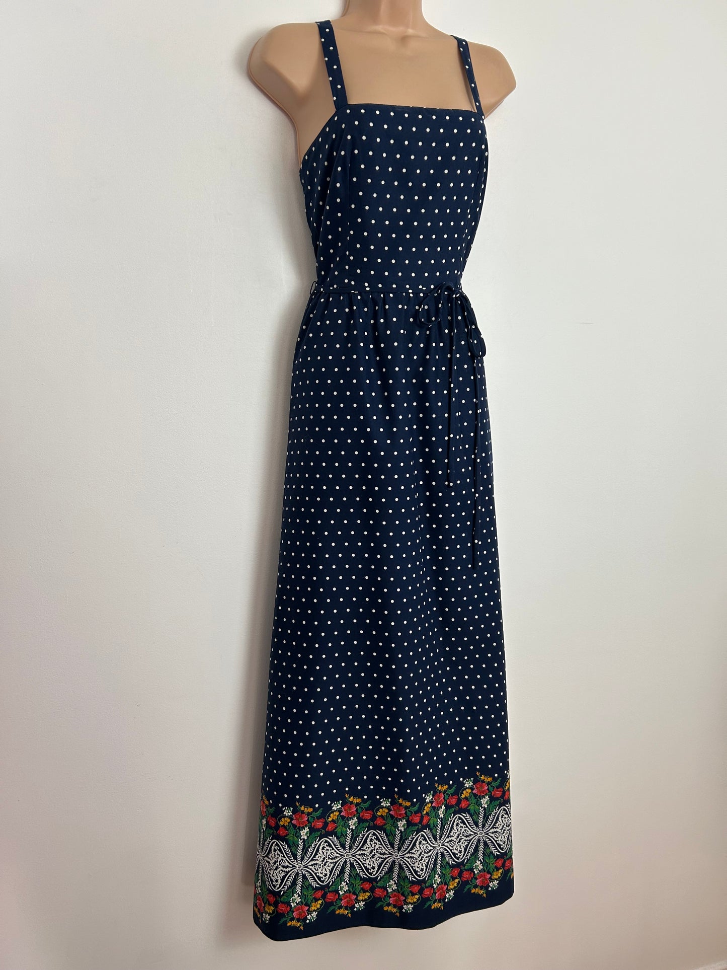 Vintage 1970s BETTY BARCLAY Size 6 Navy Blue & White Polka Dot Cross Strap Cotton Mix Maxi Dress