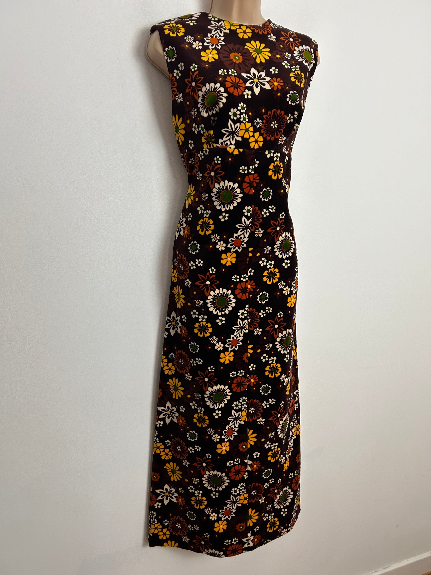 Vintage 1970s UK Size 12 Gorgeous Brown Yellow Rust & White Floral Print Velvet Maxi Dress