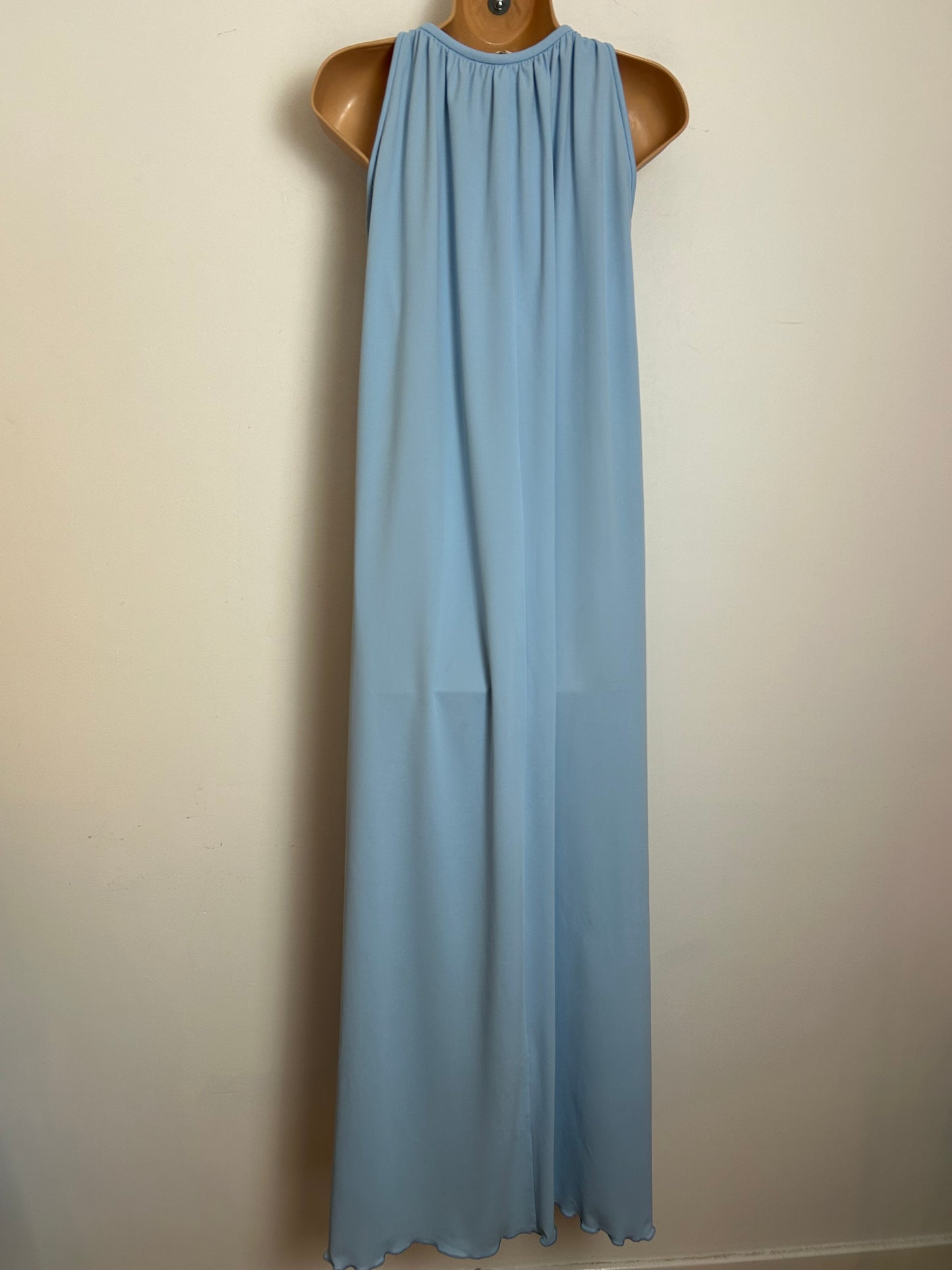 Vintage 1970s PETER BARRON Size 10 Powder Blue Tie Neck Trapeze Style Occasion Maxi Dress
