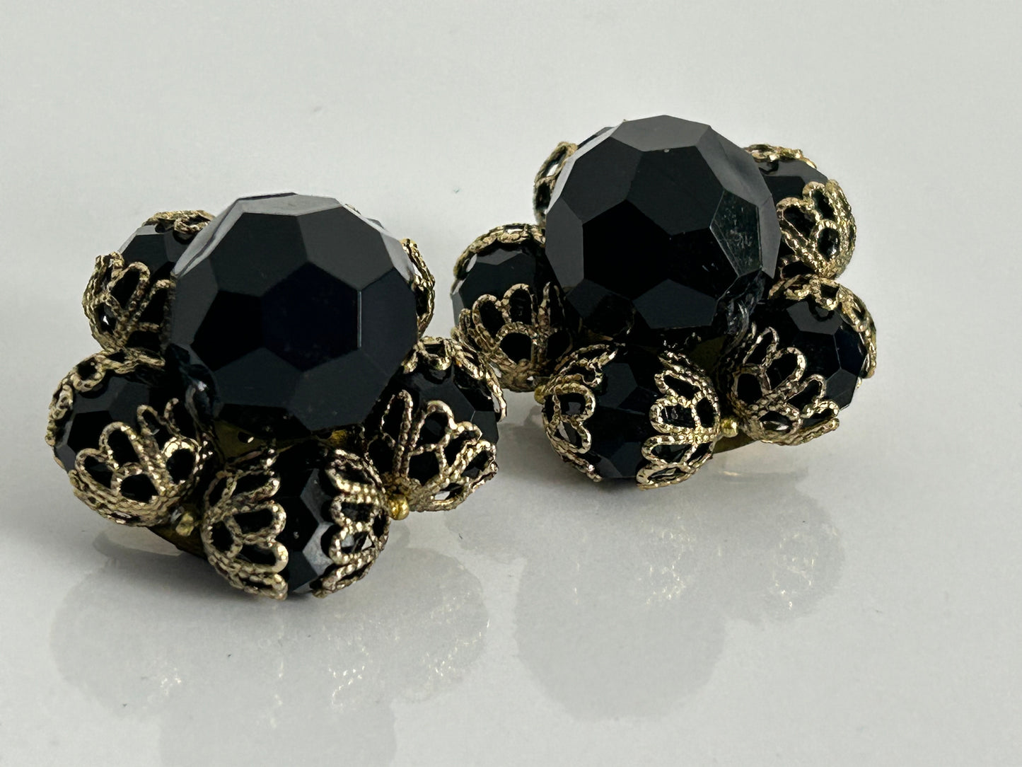 Vintage 1960s Chunky Black & Gold Flower Shaped Clip On Earrings