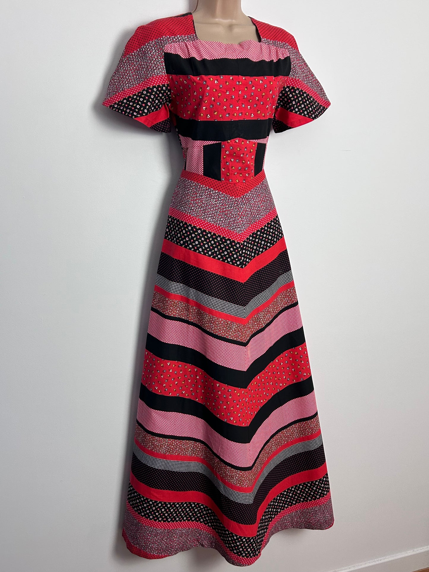Vintage 1970s UK Size 4-6 Cute Red Black & White Patchwork Floral Polka Dot Stripe Print Cotton Boho Maxi Dress