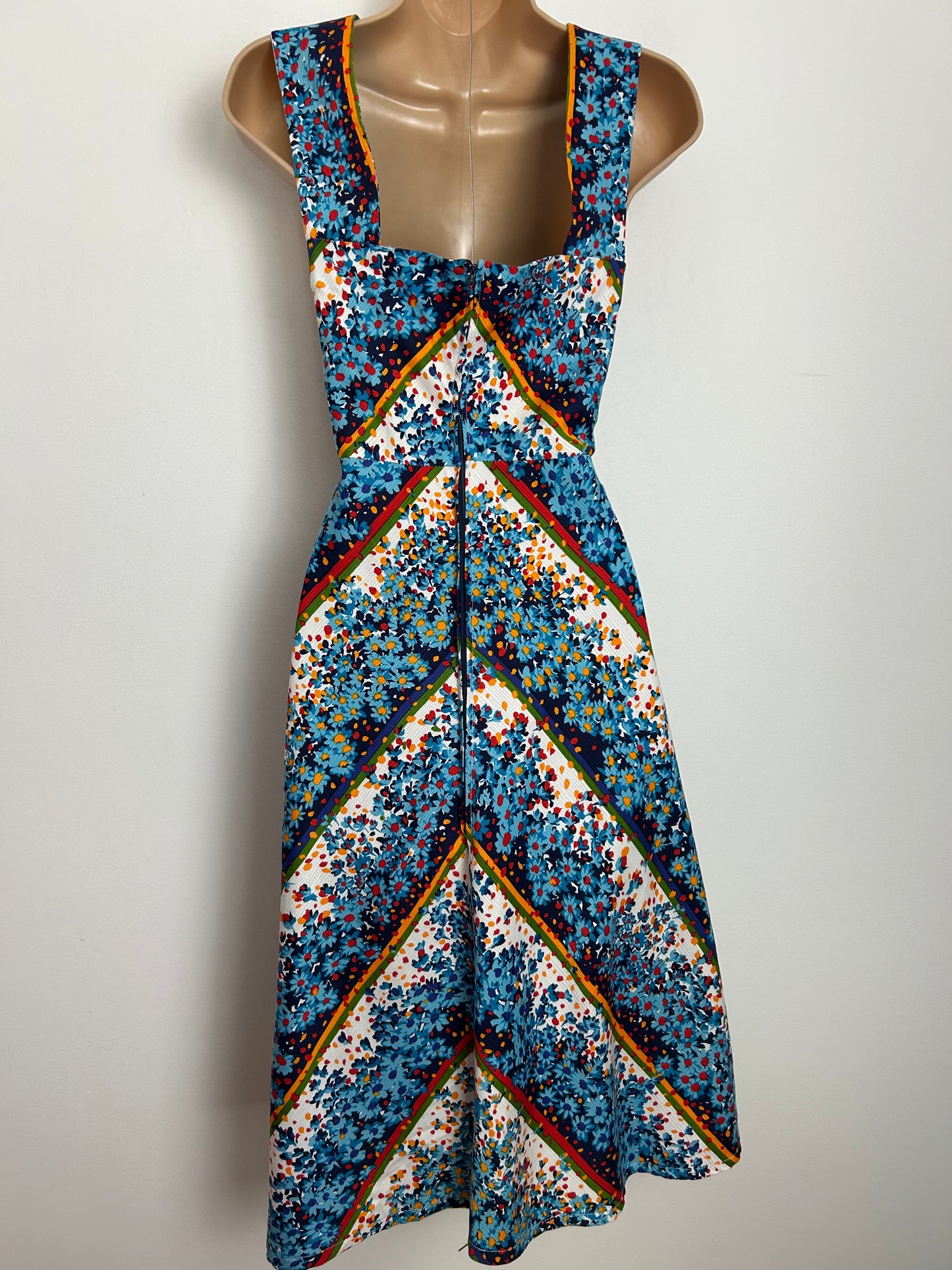 Vintage 1970s SOLIDA Size 12 Blue White Orange Red Floral & Stripe Print Cotton Summer Day Dress