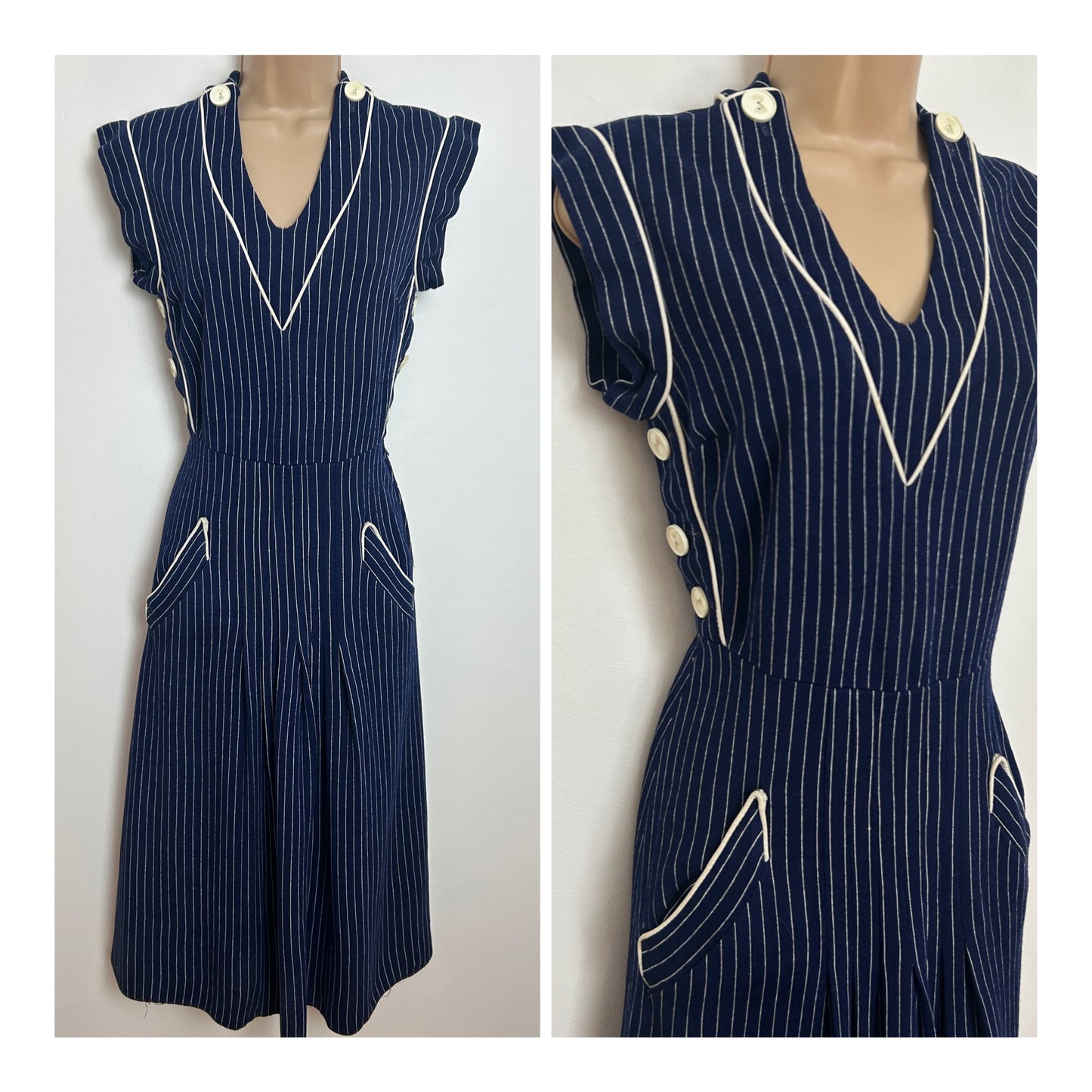 Vintage 1970s Size 6-8 Navy Blue & White Stripe Print Button Detail Wool Jersey Feel Day Dress