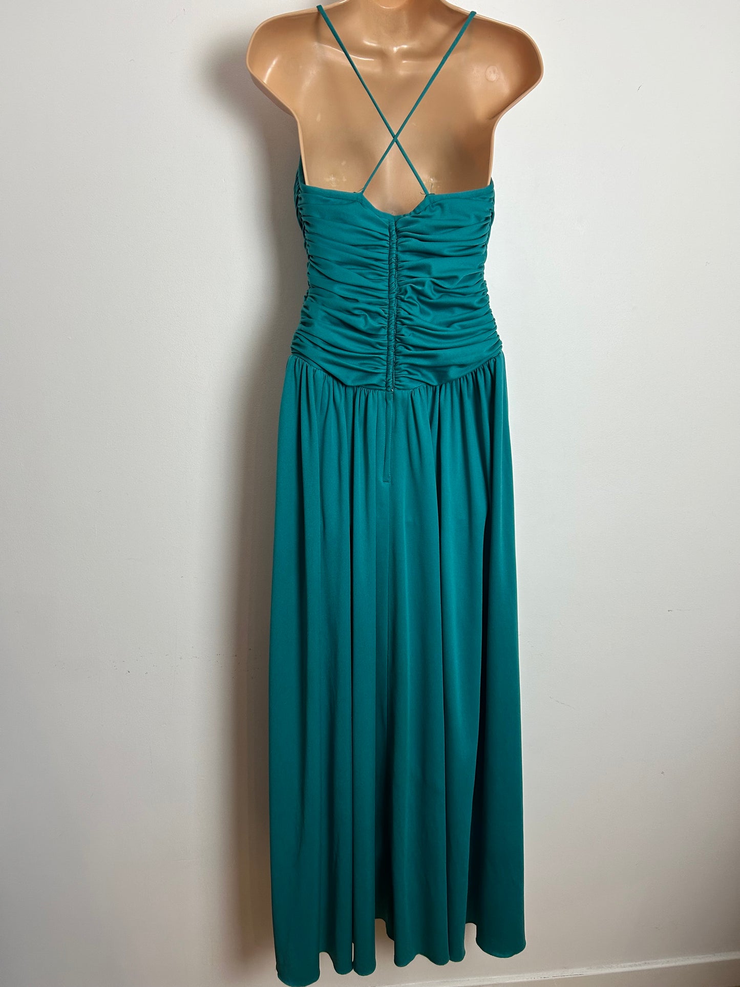 Vintage 1970s Size 6 Jade Green Strappy Diamante Detail Ruched Bodice Evening Party Maxi Dress