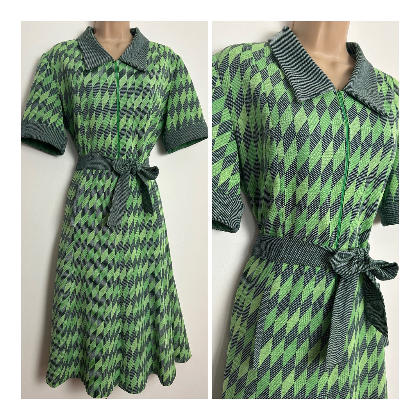 Vintage 1970s Size 14 Green & Navy Blue Diamond Print Short Sleeve Belted Fit & Flare Mod Day Dress