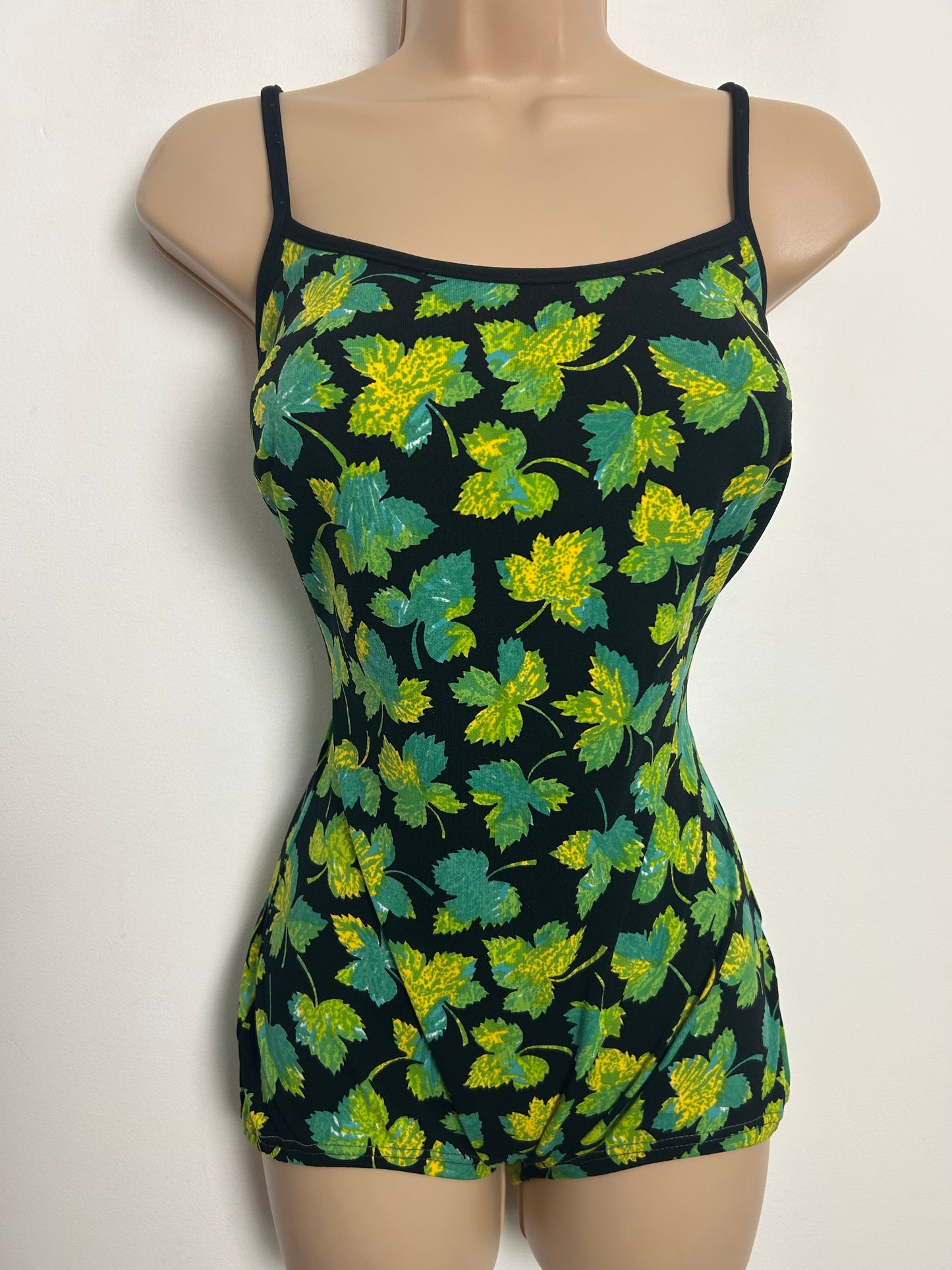 Vintage Late 1960s SYMPHONIE Size 10 Black Green & Yellow Leaf Print One Piece Swimsuit