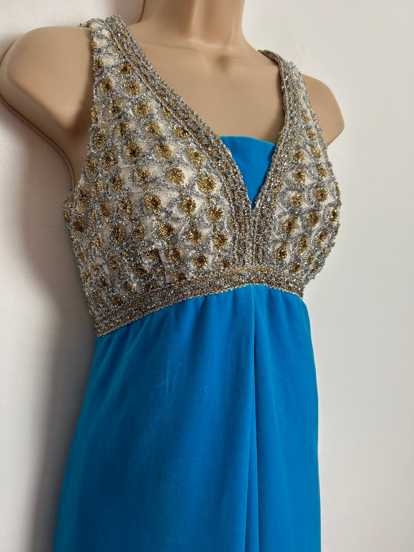 Vintage 1960s FRESH GENERATION UK Size 8 Turquoise Gold & Silver Velvet & Lace Occasion Evening Maxi Dress