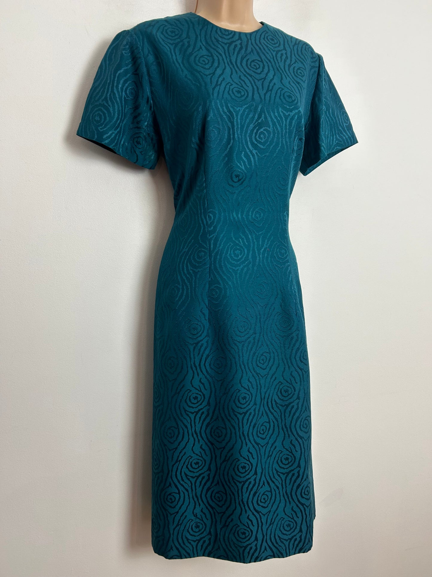 Vintage 1960s UK Size 12 Teal Metallic Abstract Pattern Short Sleeve Mod Shift Dress