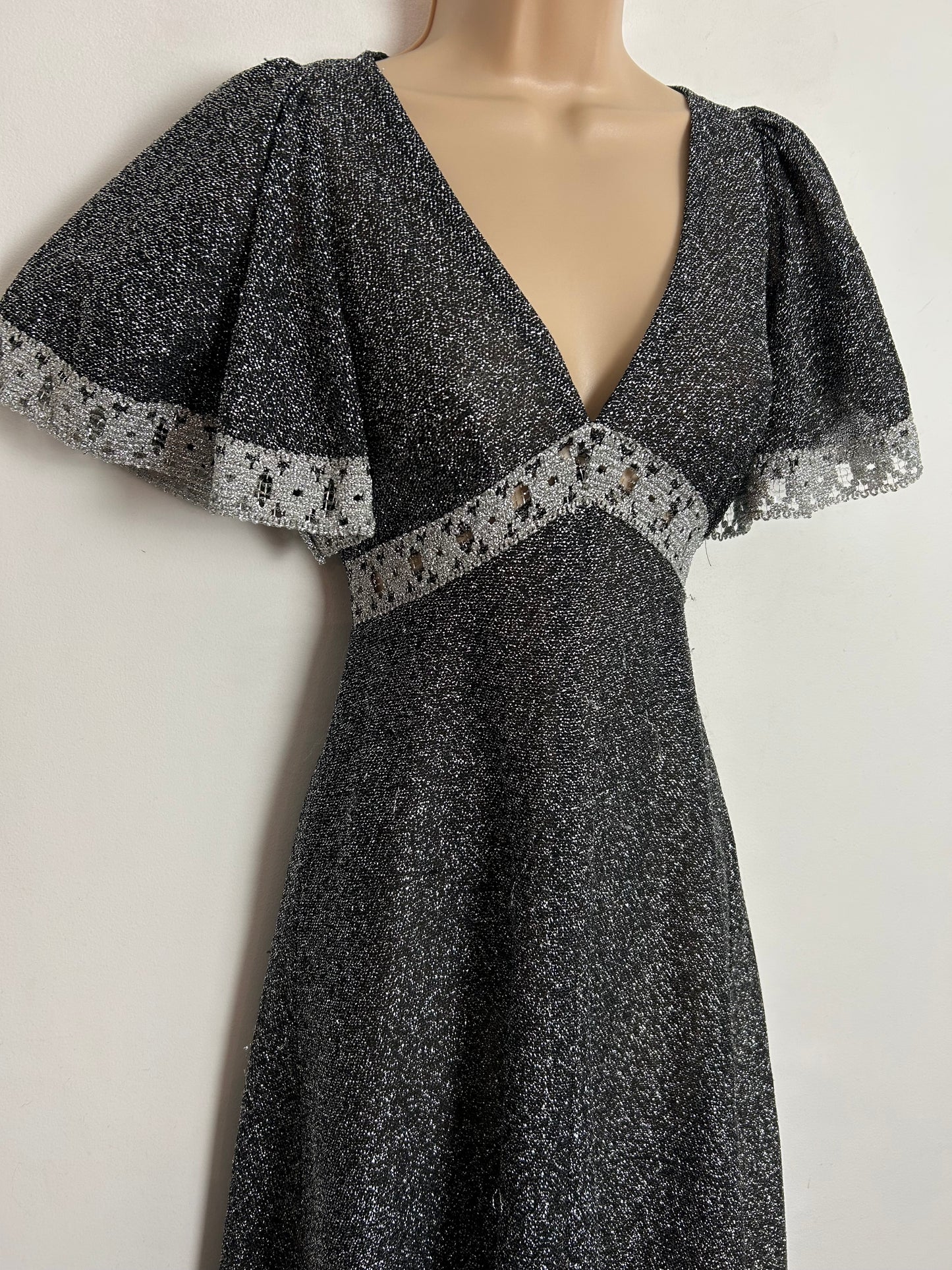 Vintage 1970s RICHARD SHOPS UK Size 6 Black & Silver Lurex Lace Trim Short Flared Sleeve Evening Maxi Dress
