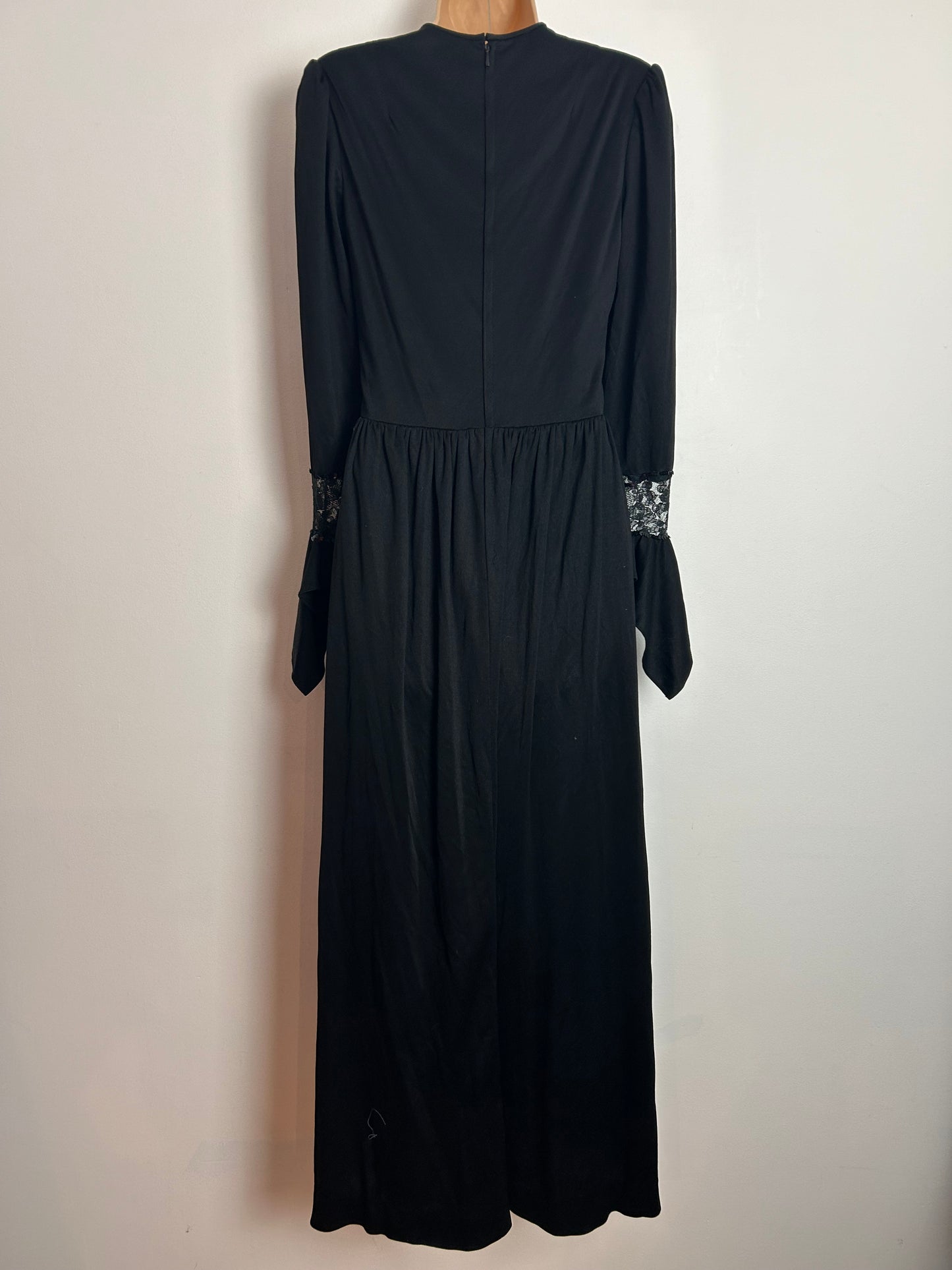 Vintage 1970s UK Size 6-8 Gorgeous Black Lace & Sequin Detail Long Sleeve Flared Cuff Occasion Evening Maxi Dress