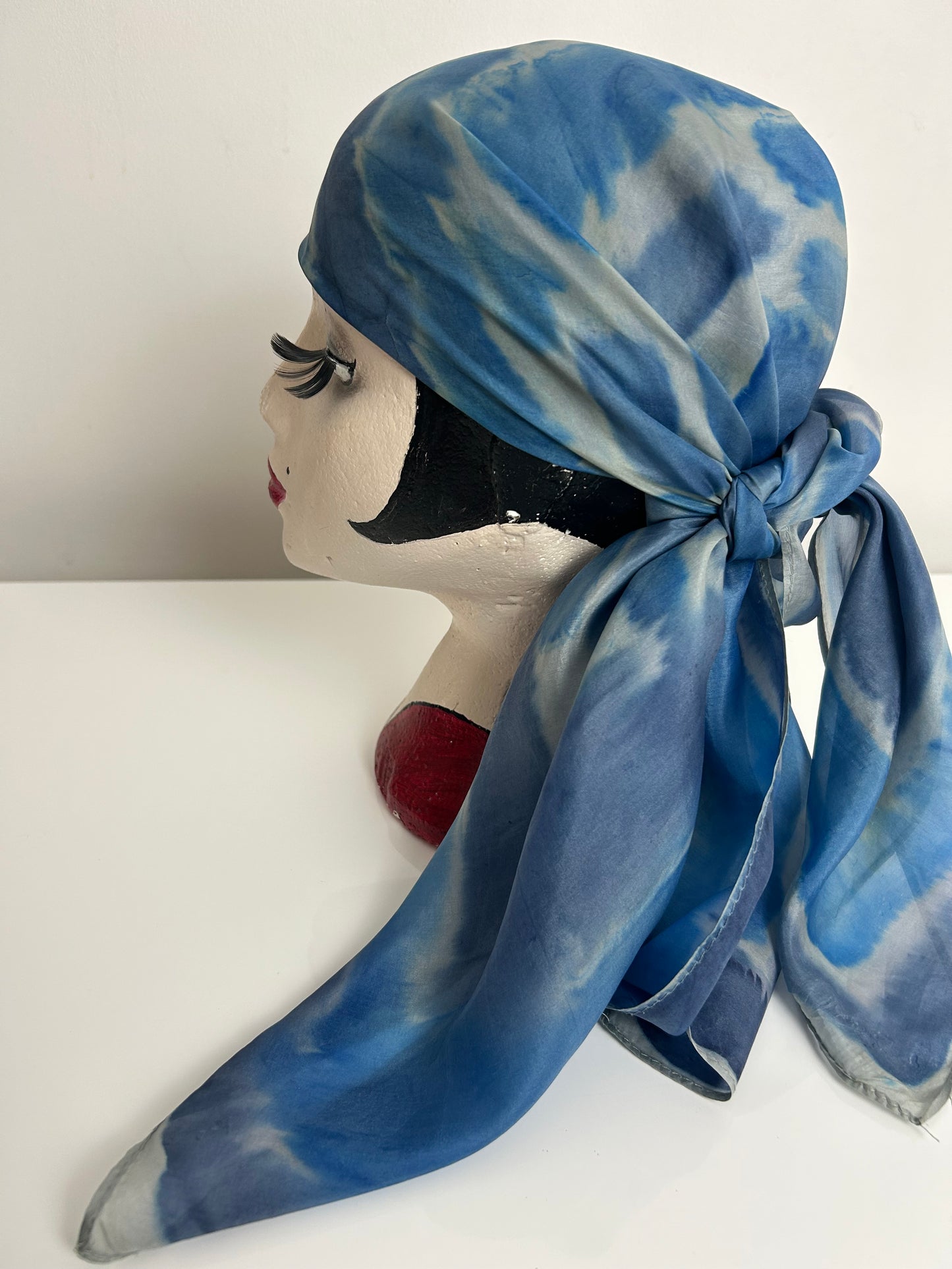 Vintage Blue & Grey Tie Dye Effect Abstract Print Silk Chiffon Scarf 86cm x 86cm