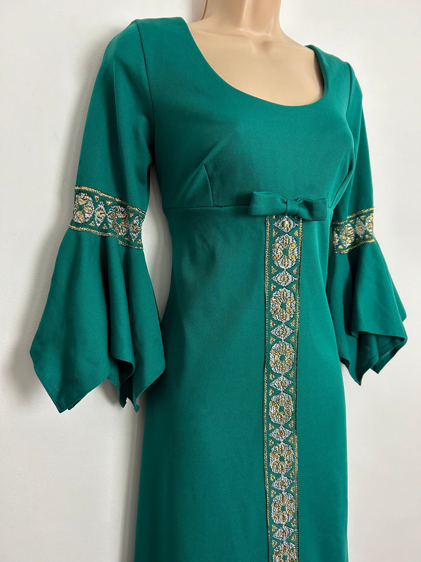 Vintage 1970s UK Size 8 Teal Green With Gold & Silver Braid Trim Handkerchief Cuff Maxi Dress