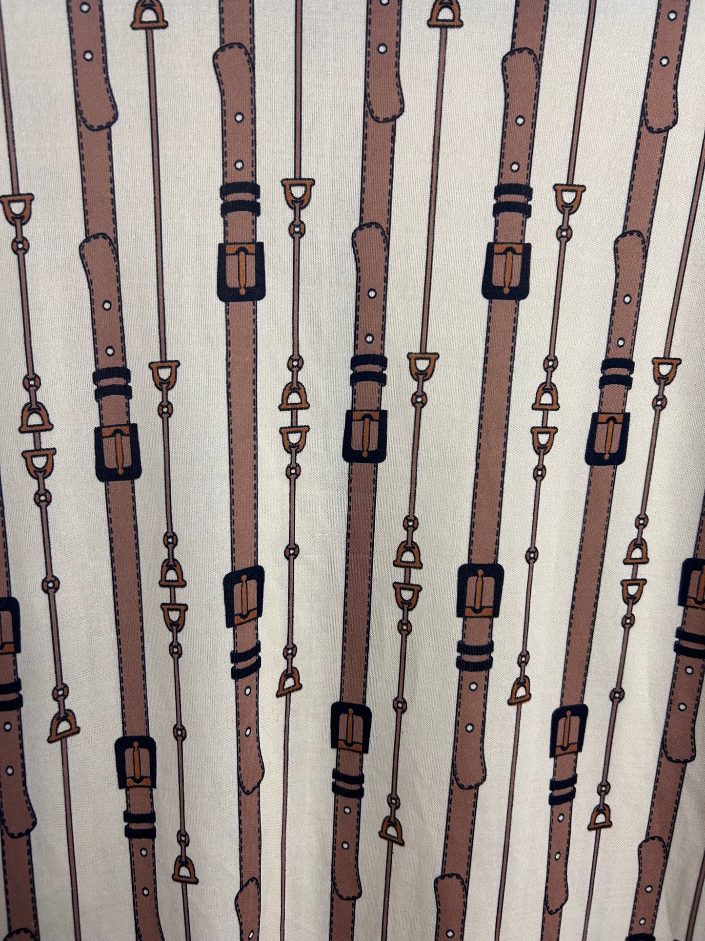 Vintage 1970s UK Size 8 Cream & Tan Brown Strap Belt & Stirrup Novelty Print Stripe Print Long Sleeve Shirt