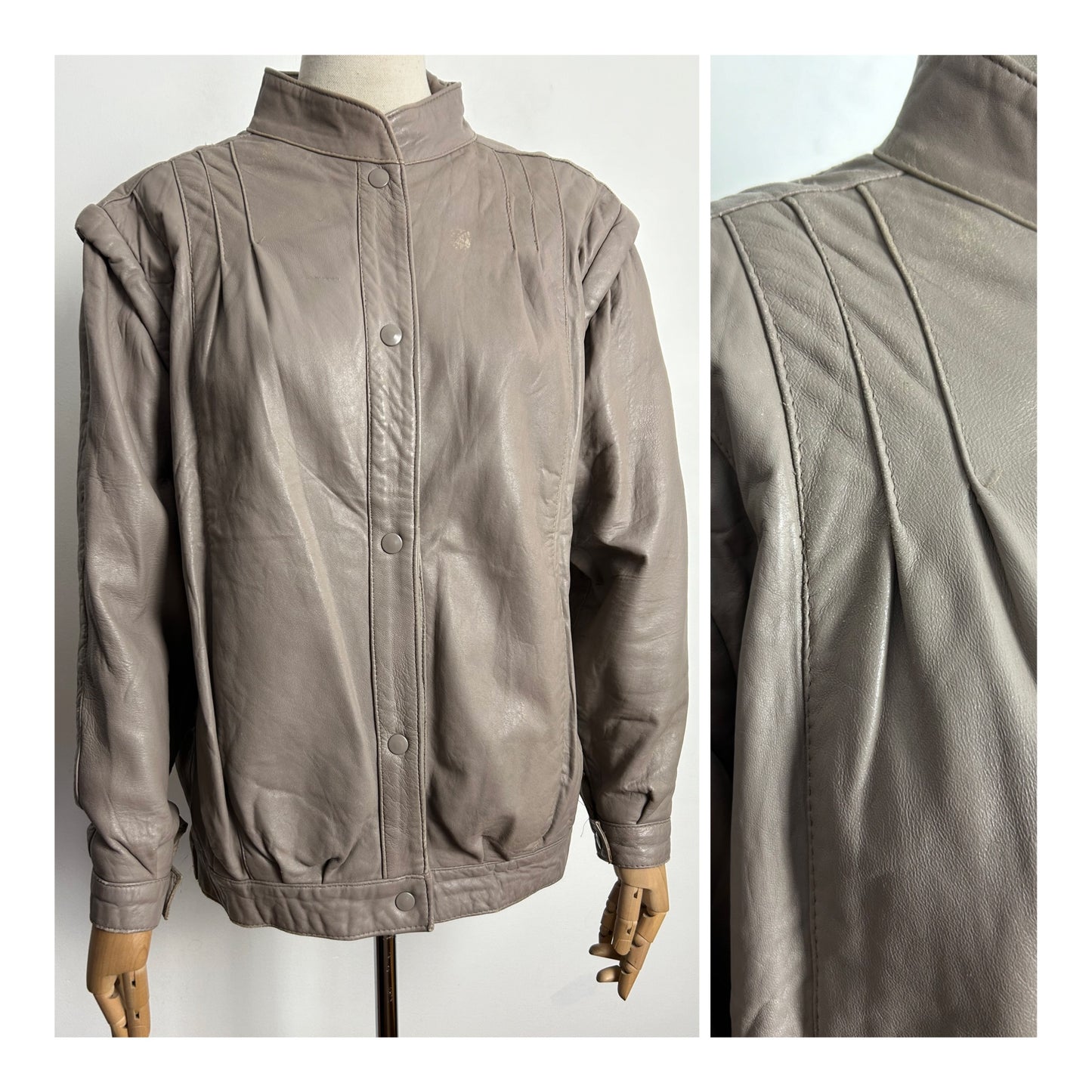 Vintage 1980s Approx UK Size 10 Taupe Popper Fastening Leather Jacket/Coat
